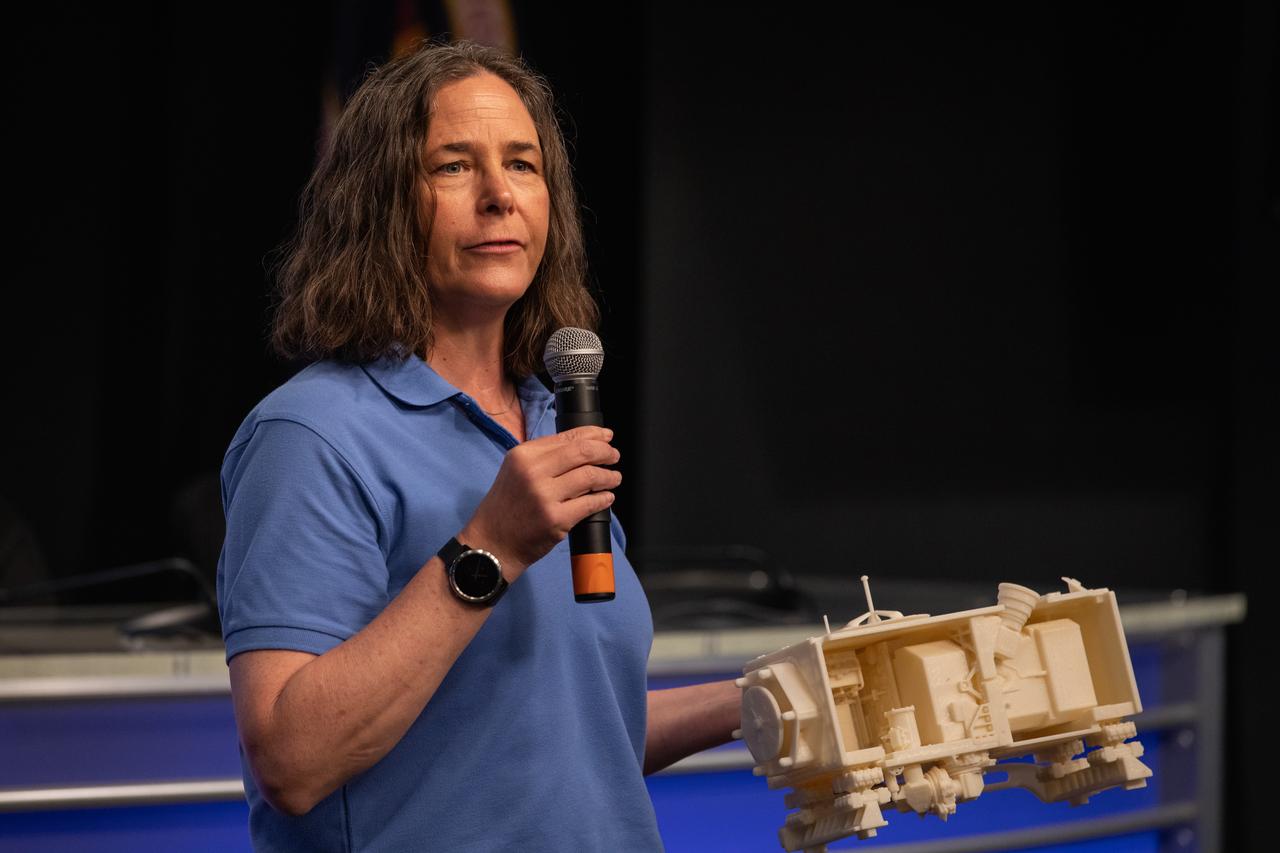 Annemarie Eldering, project scientist for the Orbiting Carbon Observatory-3 (OCO-3) at NASA’s Jet Propulsion Laboratory in Pasadena, California, talks to NASA Social participants during a What’s On Board science briefing at the agency’s Kennedy Space Center in Florida on April 29, 2019. The briefing was held for SpaceX’s 17th Commercial Resupply Services (CRS-17) mission to the International Space Station. OCO-3 will be robotically installed on the exterior of the space station’s Japanese Experiment Module Exposed Facility Unit, where it will measure and map carbon dioxide from space to provide further understanding of the relationship between carbon and climate. The SpaceX Falcon 9 rocket and Dragon cargo module are scheduled to launch no earlier than May 3, 2019, from Space Launch Complex 40 on Cape Canaveral Air Force Station in Florida. 