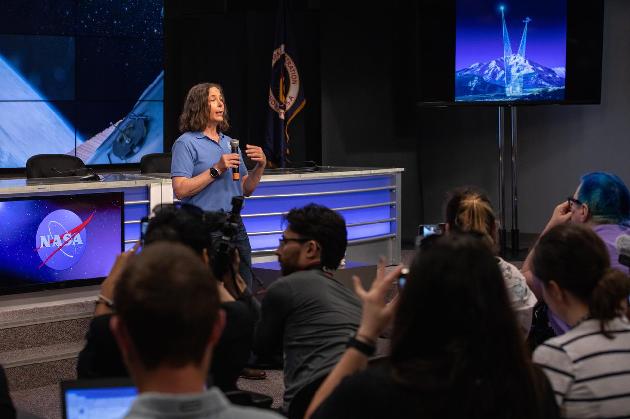 Annemarie Eldering, project scientist for the Orbiting Carbon Observatory-3 (OCO-3) at NASA’s Jet Propulsion Laboratory in Pasadena, California, talks to NASA Social participants during a What’s On Board science briefing at the agency’s Kennedy Space Center in Florida on April 29, 2019. The briefing was held for SpaceX’s 17th Commercial Resupply Services (CRS-17) mission to the International Space Station. OCO-3 will be robotically installed on the exterior of the space station’s Japanese Experiment Module Exposed Facility Unit, where it will measure and map carbon dioxide from space to provide further understanding of the relationship between carbon and climate. The SpaceX Falcon 9 rocket and Dragon cargo module are scheduled to launch no earlier than May 3, 2019, from Space Launch Complex 40 on Cape Canaveral Air Force Station in Florida. Photo credit: NASA/Kim Shiflett 