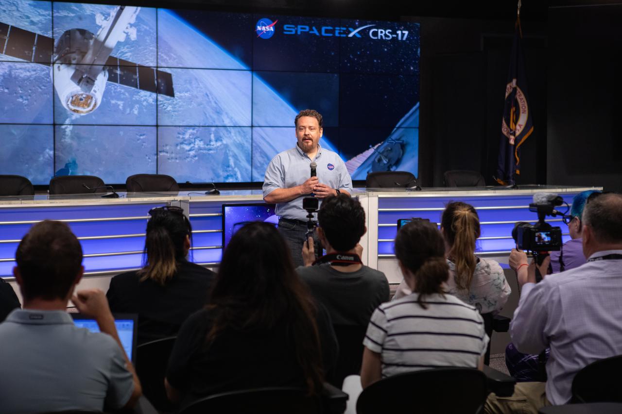 Dr. Kirt Costello, chief scientist for the ISS Program at NASA’s Johnson Space Center in Houston, talks to NASA Social participants during a What’s On Board science briefing at the agency’s Kennedy Space Center in Florida on April 29, 2019. The briefing was held for SpaceX’s 17th Commercial Resupply Services (CRS-17) mission to the International Space Station. The SpaceX Falcon 9 rocket and Dragon cargo module are scheduled to launch no earlier than May 3, 2019, from Space Launch Complex 40 on Cape Canaveral Air Force Station in Florida.