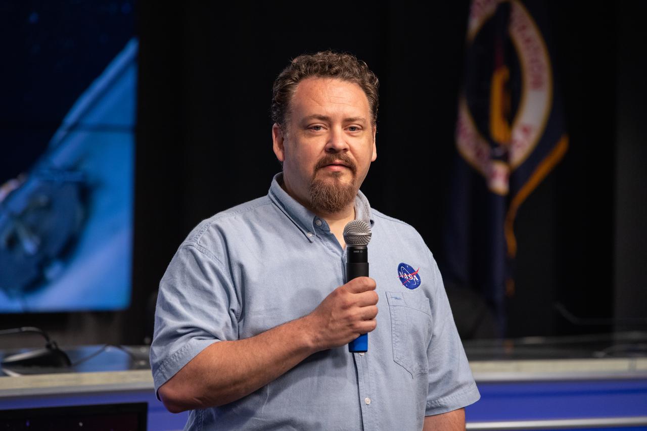 Dr. Kirt Costello, chief scientist for the ISS Program at NASA’s Johnson Space Center in Houston, talks to NASA Social participants during a What’s On Board science briefing at the agency’s Kennedy Space Center in Florida on April 29, 2019. The briefing was held for SpaceX’s 17th Commercial Resupply Services (CRS-17) mission to the International Space Station. The SpaceX Falcon 9 rocket and Dragon cargo module are scheduled to launch no earlier than May 3, 2019, from Space Launch Complex 40 on Cape Canaveral Air Force Station in Florida.