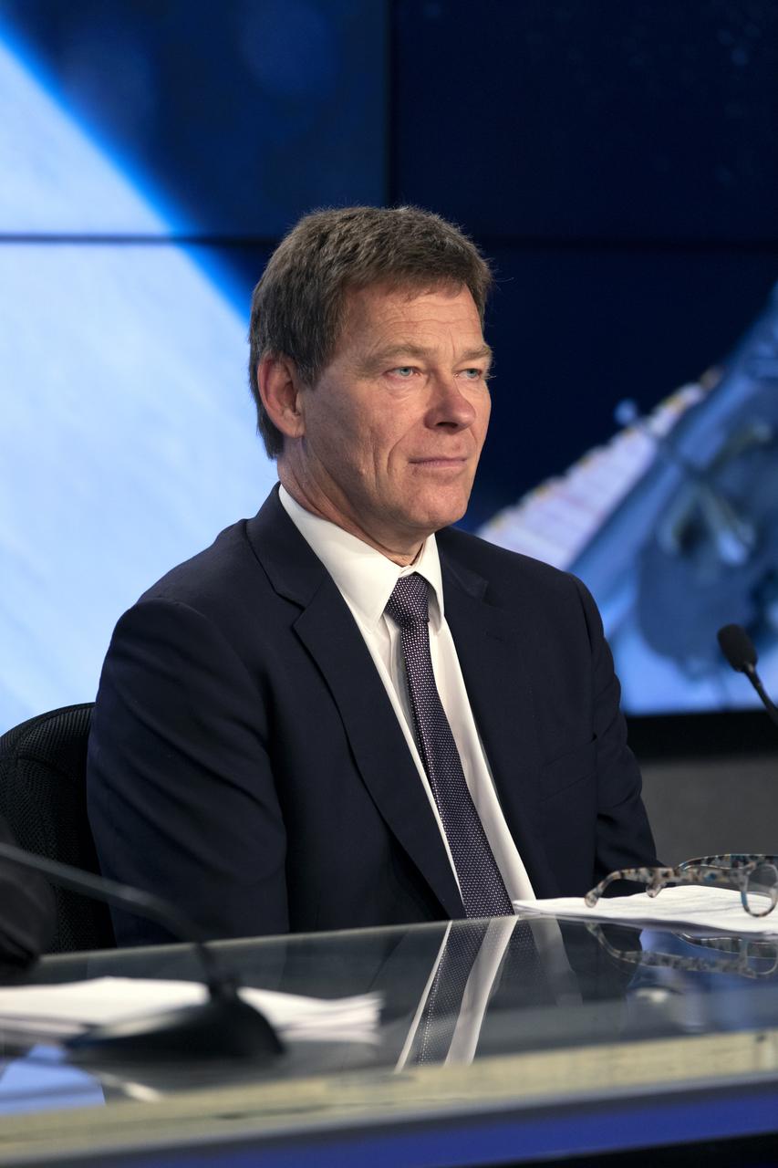 Hans Koenigsmann, VP, Build and Flight Reliability with SpaceX, speaks to members of the news media during a prelaunch news conference for SpaceX’s 17th Commercial Resupply Services (CRS-17) mission for NASA to the International Space Station on May 2, 2019, at the agency’s Kennedy Space Center in Florida. The SpaceX Falcon 9 rocket and Dragon cargo module are scheduled to launch no earlier than May 3, 2019, from Space Launch Complex 40 on Cape Canaveral Air Force Station in Florida.