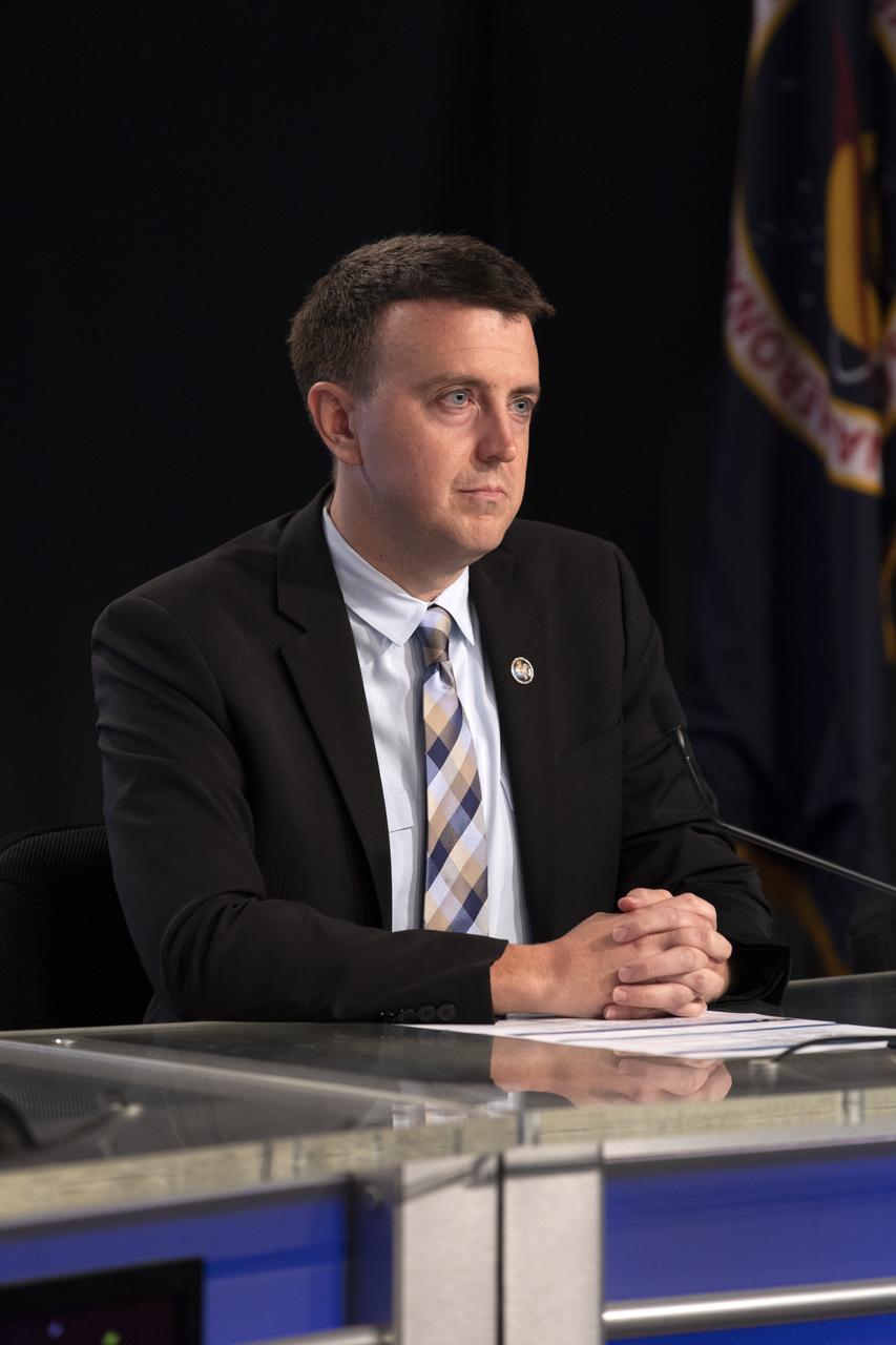 Will Ulrich, 45th Space Wing weather officer with the U.S. Air Force, speaks to members of the news media during a prelaunch news conference for SpaceX’s 17th Commercial Resupply Services (CRS-17) mission for NASA to the International Space Station on May 2, 2019, at the agency’s Kennedy Space Center in Florida. The SpaceX Falcon 9 rocket and Dragon cargo module are scheduled to launch no earlier than May 3, 2019, from Space Launch Complex 40 on Cape Canaveral Air Force Station in Florida.