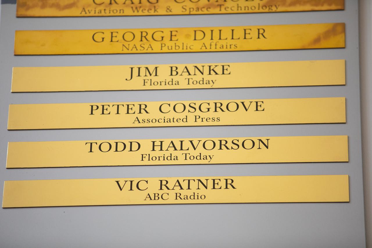 Brass strips engraved with the names of Jim Banke, Peter Cosgrove, Todd Halvorson and Vic Ratner were unveiled during a ceremony on May 3, 2019, at Kennedy Space Center’s NASA News Center in Florida. Banke, Halvorson, Ratner and Cosgrove were honored as members of The Chroniclers, which recognizes retirees of the news and communications business who have helped spread news of American space exploration from Kennedy for 10 years or more. They were selected by a committee of their peers on March 25. 