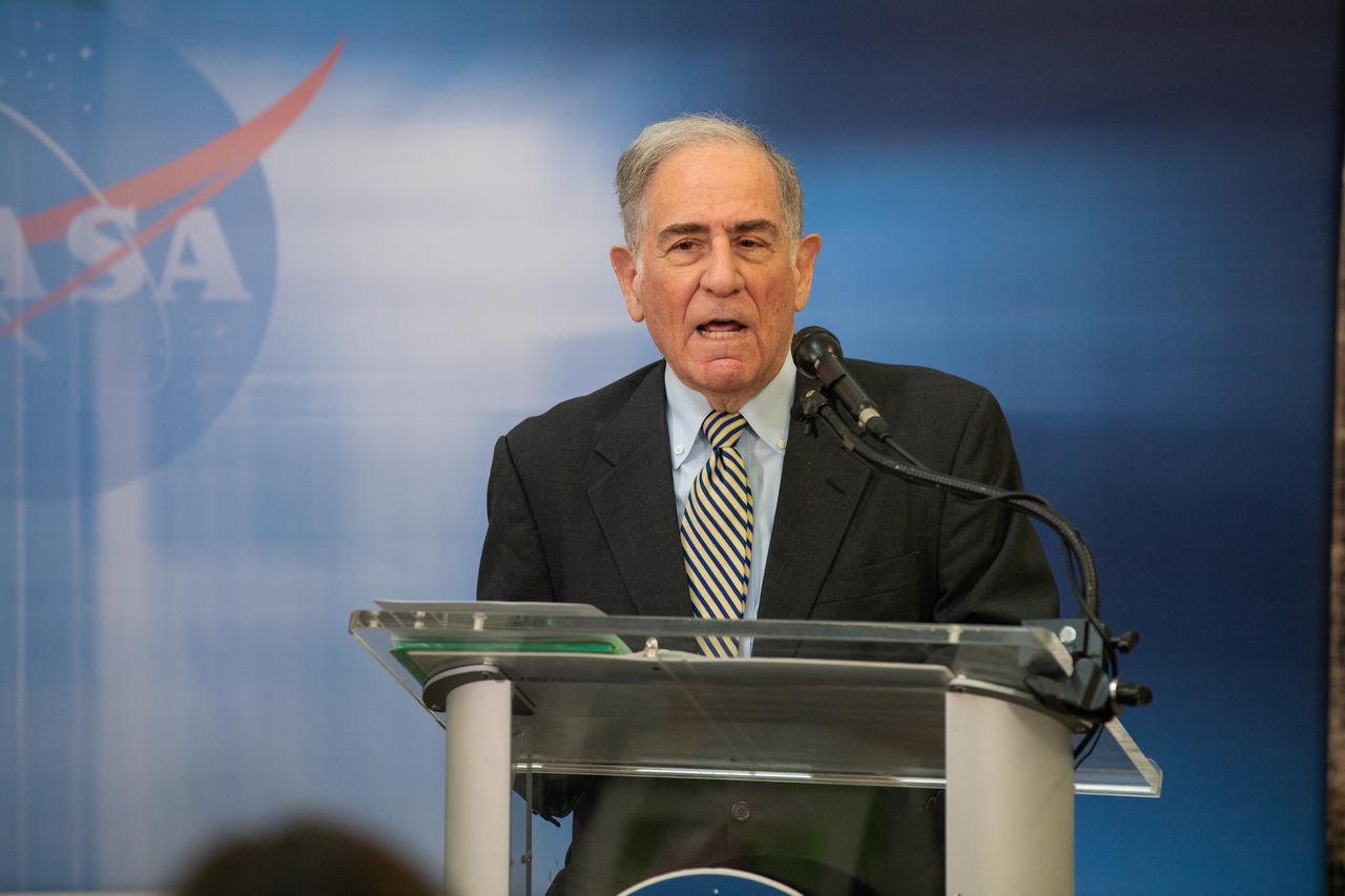 Vic Ratner, former radio broadcaster for ABC Radio, shares a few remarks after he is inducted as a 2019 Chronicler during a ceremony at Kennedy Space Center’s NASA News Center in Florida on May 3, 2019. Also honored as Chroniclers were journalists Jim Banke and Todd Halvorson, and photographer Peter Cosgrove. The Chroniclers recognizes retirees of the news and communications business who have helped spread news of American space exploration from Kennedy for 10 years or more. The group of four was selected by a committee of their peers on March 25. Their names were engraved on brass strips and added to The Chroniclers wall display in the news center and were unveiled during the ceremony. 