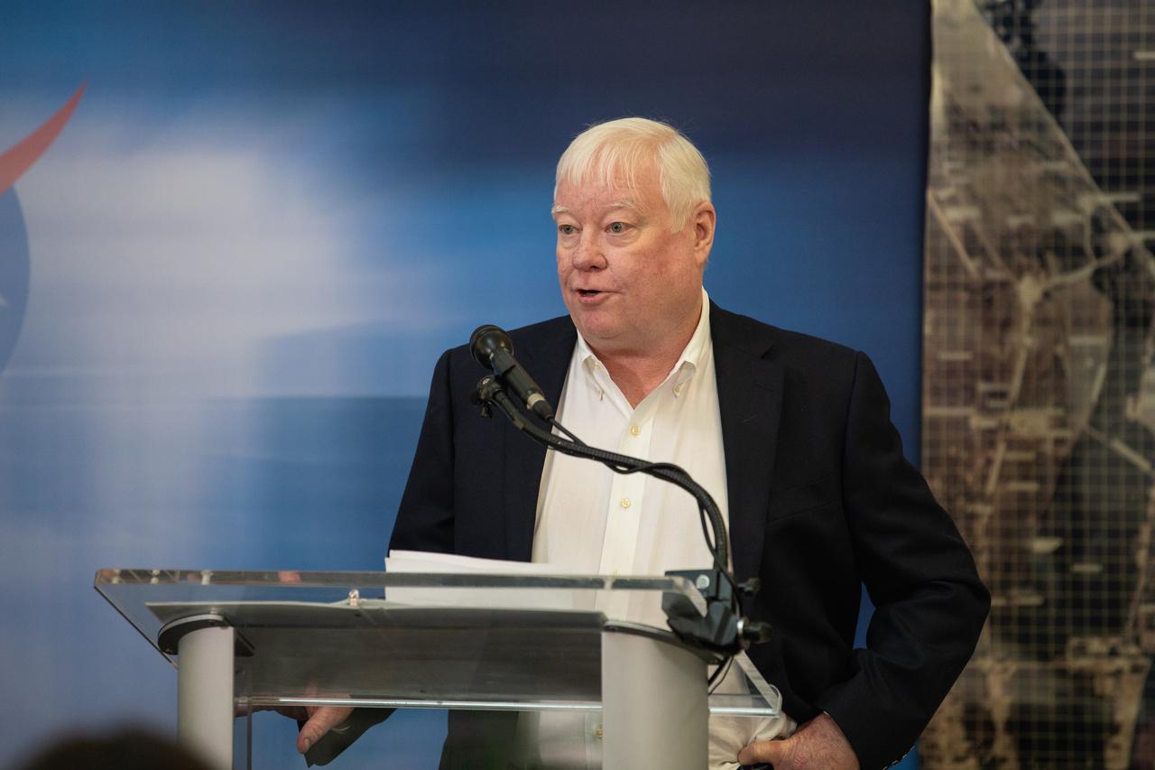 Todd Halvorson, former journalist with Florida Today, shares a few remarks after he is inducted as a 2019 Chronicler during a ceremony at Kennedy Space Center’s NASA News Center in Florida on May 3, 2019. Also honored as Chroniclers were journalist Jim Banke, photographer Peter Cosgrove and radio broadcaster Vic Ratner. The Chroniclers recognizes retirees of the news and communications business who have helped spread news of American space exploration from Kennedy for 10 years or more. The group of four was selected by a committee of their peers on March 25. Their names were engraved on brass strips and added to The Chroniclers wall display in the news center and were unveiled during the ceremony. 