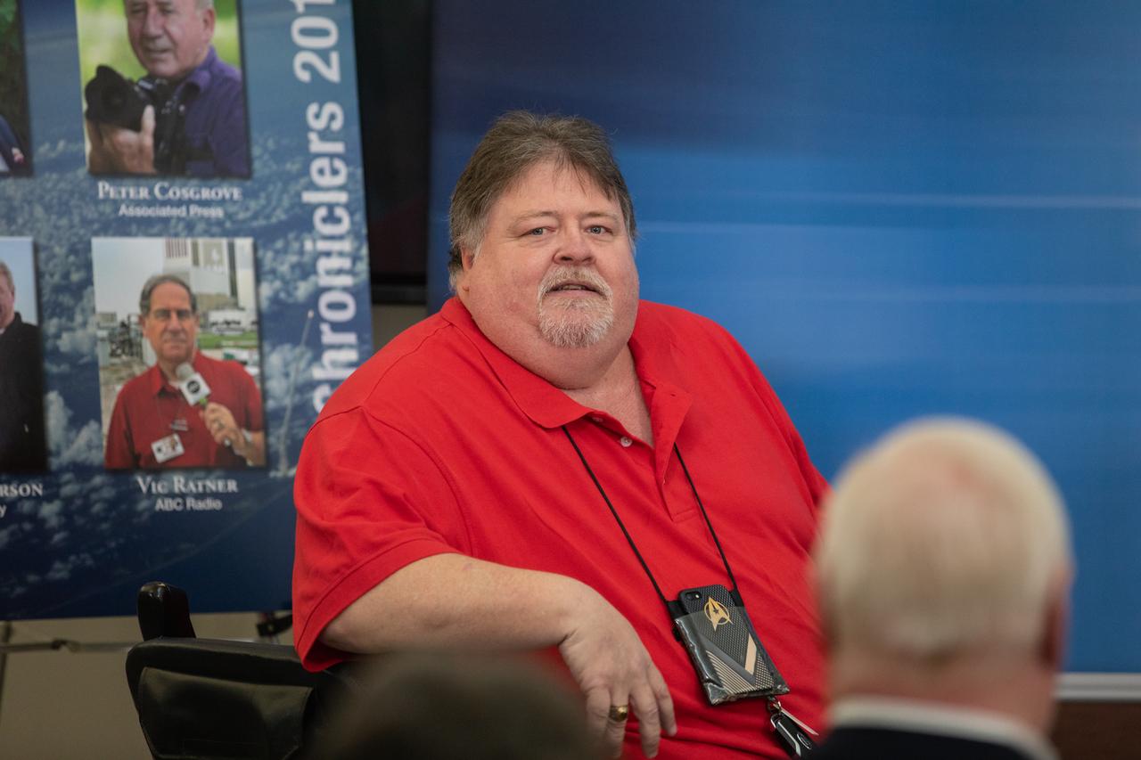 Jim Banke, former journalist with Florida Today, shares a few remarks after he is inducted as a 2019 Chronicler during a ceremony at Kennedy Space Center’s NASA News Center in Florida on May 3, 2019. Also honored as Chroniclers were journalist Todd Halvorson, photographer Peter Cosgrove and radio broadcaster Vic Ratner. The Chroniclers recognizes retirees of the news and communications business who have helped spread news of American space exploration from Kennedy for 10 years or more. The group of four was selected by a committee of their peers on March 25. Their names were engraved on brass strips and added to The Chroniclers wall display in the news center and were unveiled during the ceremony. 
