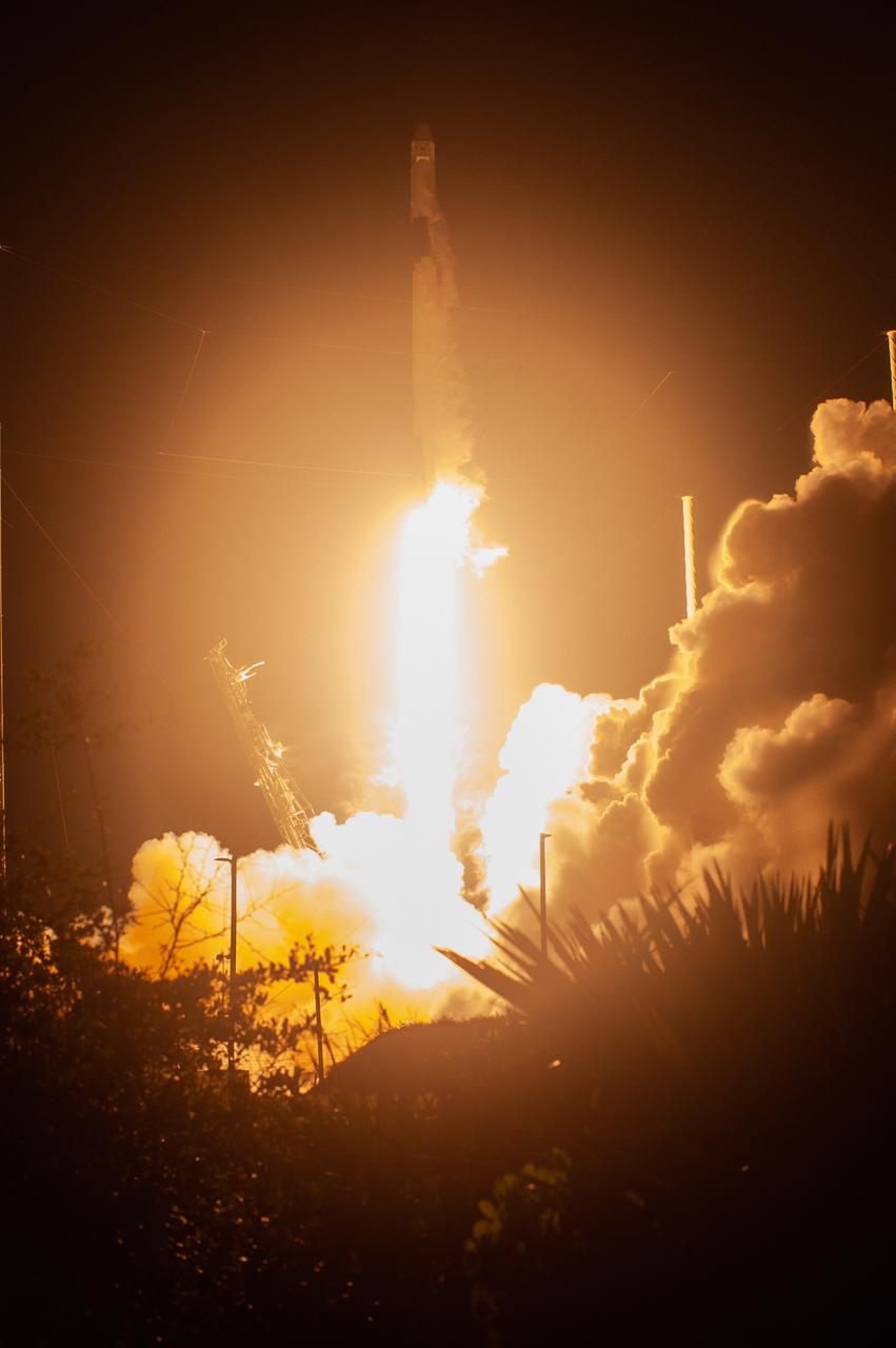 The SpaceX Falcon 9 rocket with the Dragon cargo module climbs upward after liftoff from Space Launch Complex 40 on Cape Canaveral Air Force Station in Florida in the early morning May 4, 2019. Liftoff was at 2:48 a.m. EDT. This is SpaceX’s 17th Commercial Resupply Services (CRS-17) mission for NASA to the International Space Station. The Dragon cargo module will deliver about 5,500 pounds of science and research, crew supplies and vehicle hardware to the orbital laboratory and its crew.