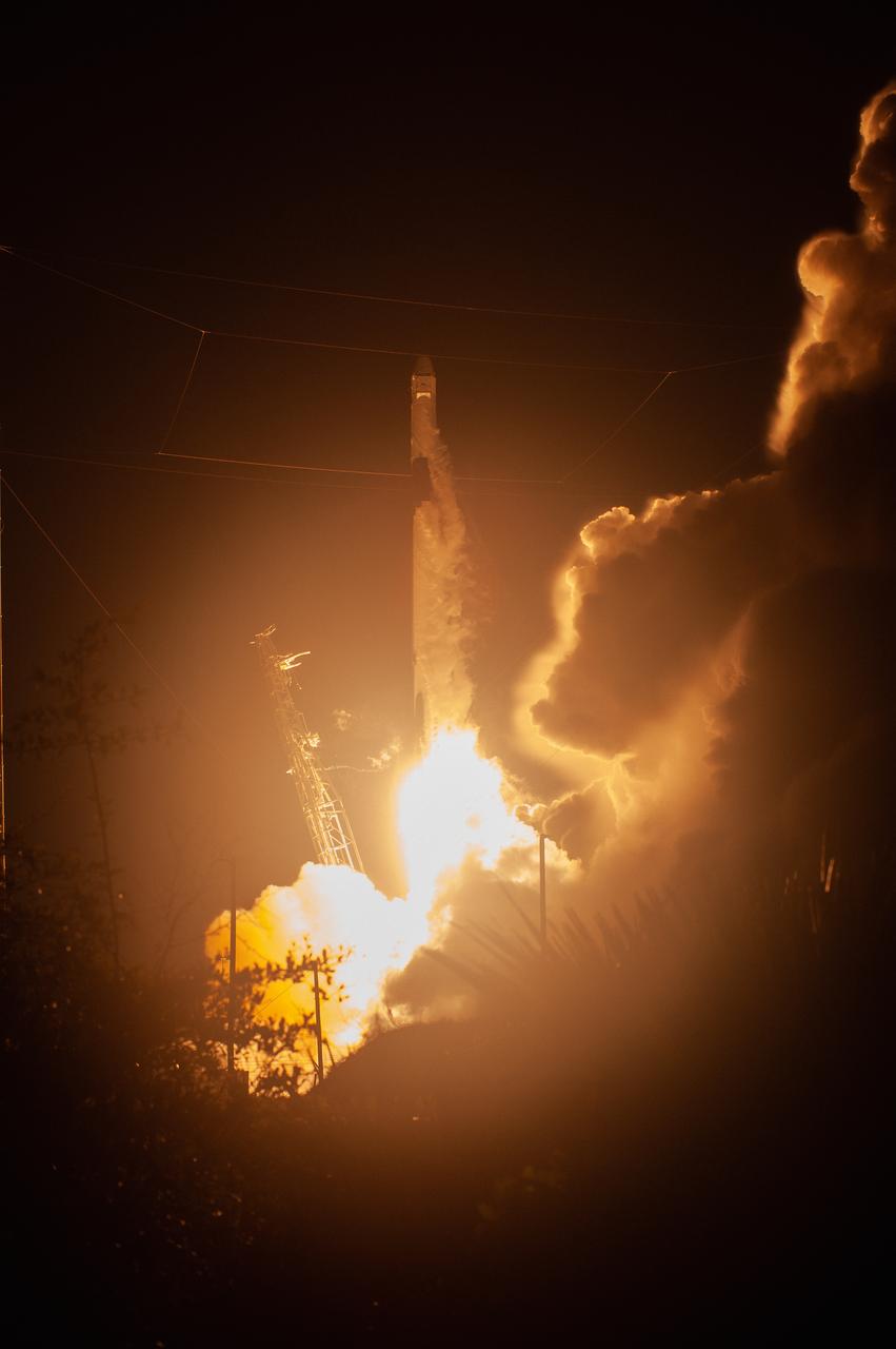 The SpaceX Falcon 9 rocket with the Dragon cargo module climbs upward after liftoff from Space Launch Complex 40 on Cape Canaveral Air Force Station in Florida in the early morning May 4, 2019. Liftoff was at 2:48 a.m. EDT. This is SpaceX’s 17th Commercial Resupply Services (CRS-17) mission for NASA to the International Space Station. The Dragon cargo module will deliver about 5,500 pounds of science and research, crew supplies and vehicle hardware to the orbital laboratory and its crew.