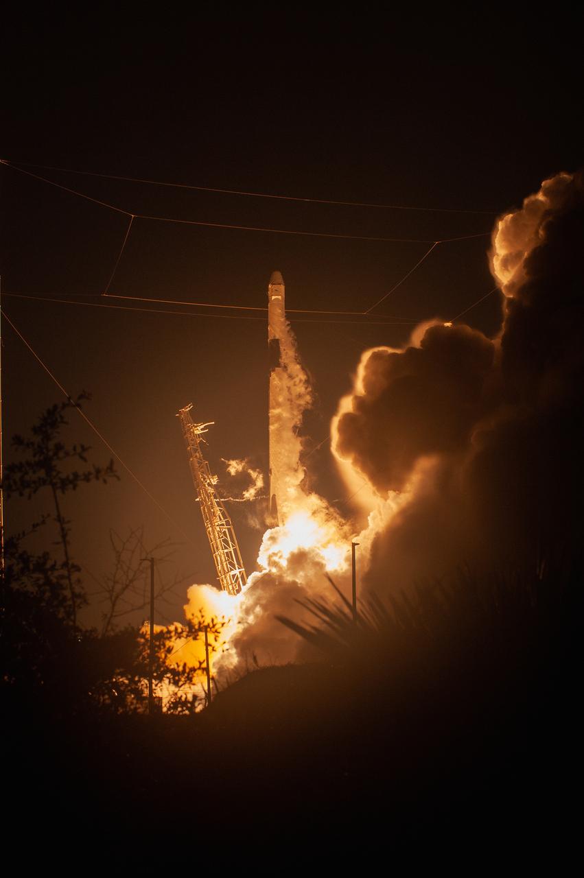 The SpaceX Falcon 9 rocket with the Dragon cargo module climbs upward after liftoff from Space Launch Complex 40 on Cape Canaveral Air Force Station in Florida in the early morning May 4, 2019. Liftoff was at 2:48 a.m. EDT. This is SpaceX’s 17th Commercial Resupply Services (CRS-17) mission for NASA to the International Space Station. The Dragon cargo module will deliver about 5,500 pounds of science and research, crew supplies and vehicle hardware to the orbital laboratory and its crew.