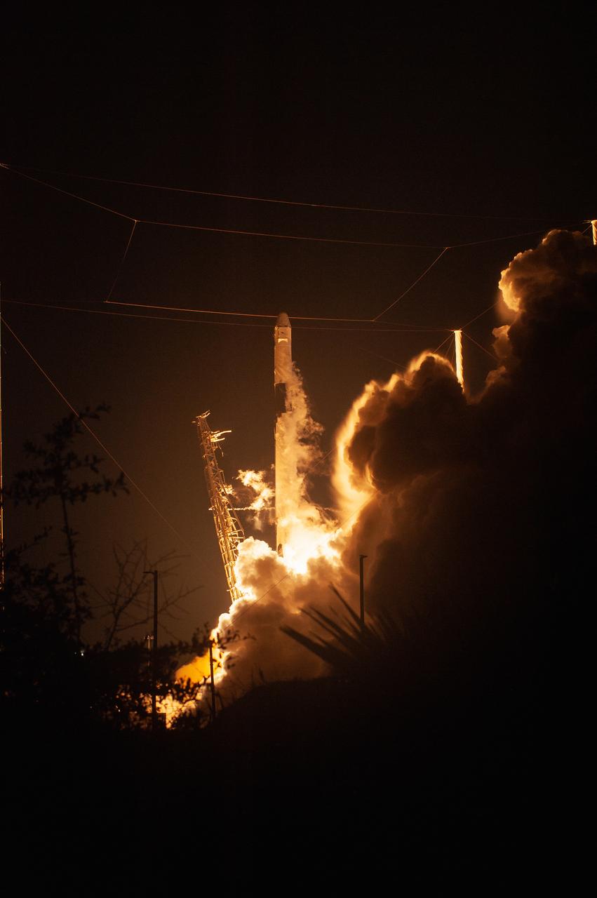 The SpaceX Falcon 9 rocket with the Dragon cargo module climbs upward after liftoff from Space Launch Complex 40 on Cape Canaveral Air Force Station in Florida in the early morning May 4, 2019. Liftoff was at 2:48 a.m. EDT. This is SpaceX’s 17th Commercial Resupply Services (CRS-17) mission for NASA to the International Space Station. The Dragon cargo module will deliver about 5,500 pounds of science and research, crew supplies and vehicle hardware to the orbital laboratory and its crew.