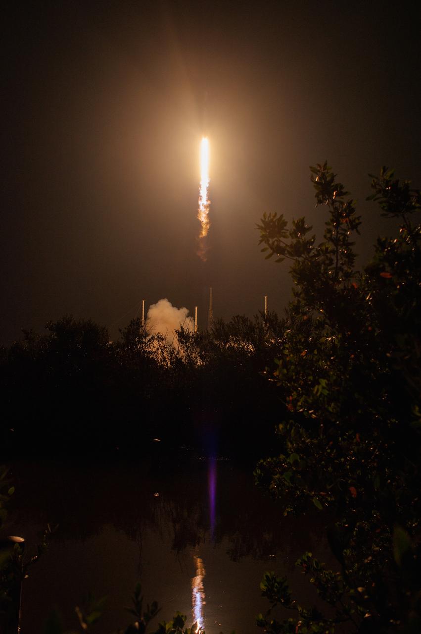 The SpaceX Falcon 9 rocket with the Dragon cargo module climbs upward after liftoff from Space Launch Complex 40 on Cape Canaveral Air Force Station in Florida in the early morning May 4, 2019. Liftoff was at 2:48 a.m. EDT. This is SpaceX’s 17th Commercial Resupply Services (CRS-17) mission for NASA to the International Space Station. The Dragon cargo module will deliver about 5,500 pounds of science and research, crew supplies and vehicle hardware to the orbital laboratory and its crew.