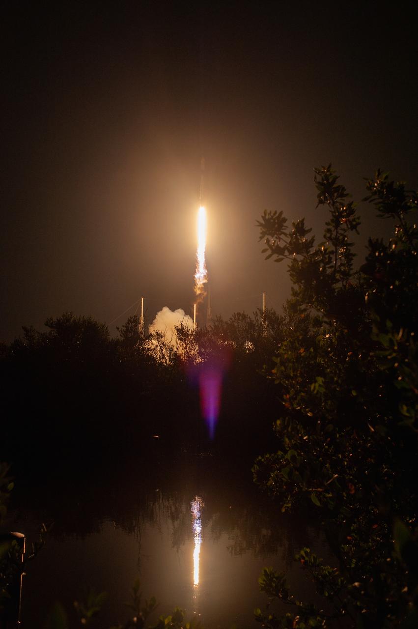 The SpaceX Falcon 9 rocket with the Dragon cargo module climbs upward after liftoff from Space Launch Complex 40 on Cape Canaveral Air Force Station in Florida in the early morning May 4, 2019. Liftoff was at 2:48 a.m. EDT. This is SpaceX’s 17th Commercial Resupply Services (CRS-17) mission for NASA to the International Space Station. The Dragon cargo module will deliver about 5,500 pounds of science and research, crew supplies and vehicle hardware to the orbital laboratory and its crew.
