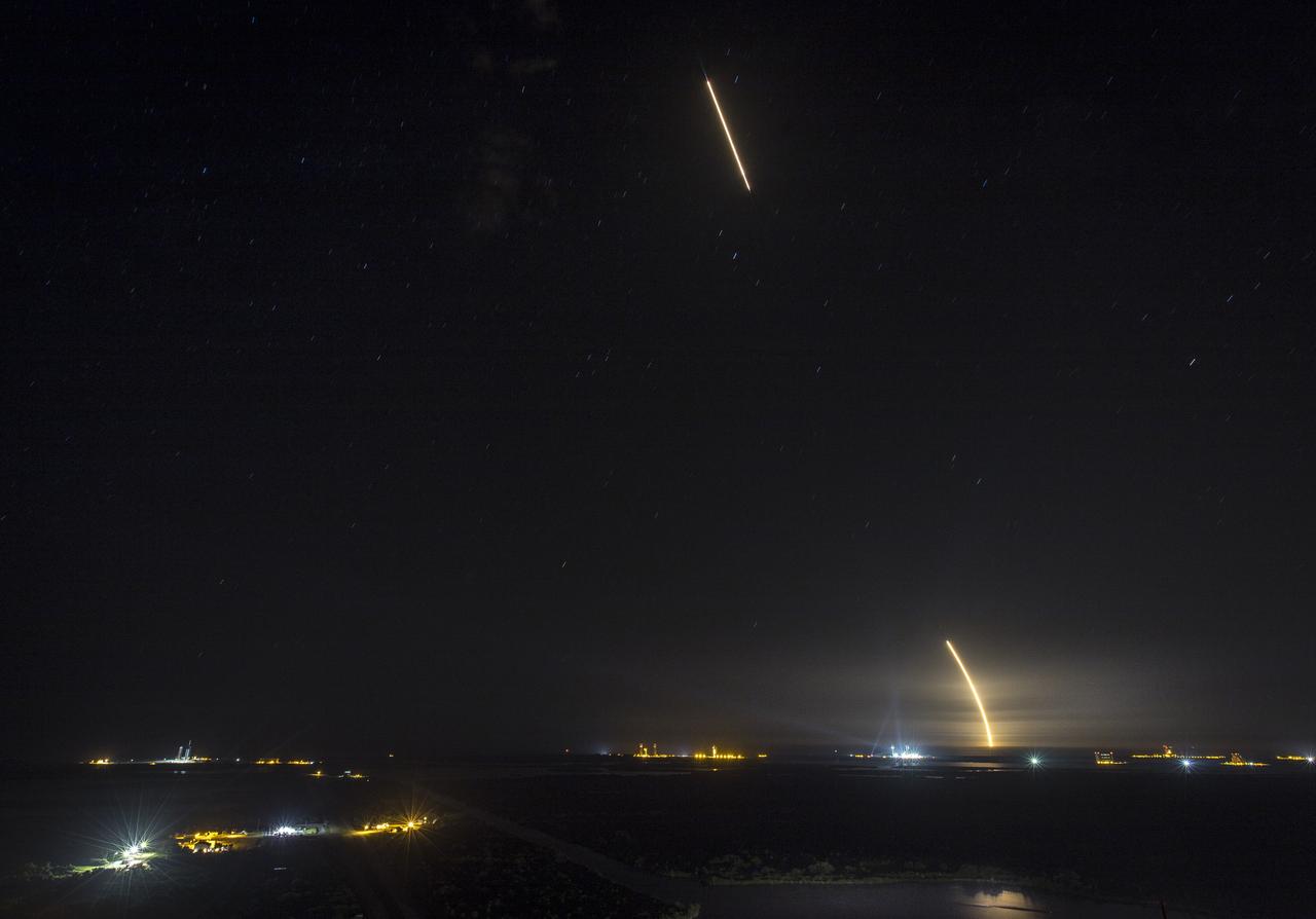 In this long exposure photograph, the first stage of the SpaceX Falcon 9 rocket lands on the company's drone ship in the Atlantic Ocean on May 4, 2019. The Falcon 9 rocket with the Dragon cargo module lifted off Space Launch Complex 40 on Cape Canaveral Air Force Station in Florida at 2:48 a.m. EDT. This is SpaceX's 17th Commercial Resupply Services (CRS-17) mission for NASA to the International Space Station. The Dragon cargo module will deliver about 5,500 pounds of science and research, crew supplies and vehicle hardware to the orbital laboratory and its crew.
