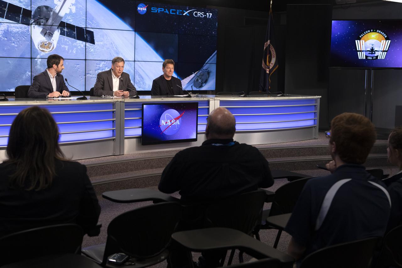 From left, Josh Santora, moderator with NASA Communications; Kenny Todd, manager, International Space Station Operations and Integration at NASA’s Johnson Space Center in Houston; and Hans Koenigsmann, vice president, Build and Flight Reliability with SpaceX, speak to members of the news media during a postlaunch news conference at NASA’s Kennedy Space Center in Florida on May 4, 2019, for SpaceX’s 17th Commercial Resupply Services (CRS-17) mission to the International Space Station for the agency. The company’s Falcon 9 rocket with the Dragon cargo module lifted off from Space Launch Complex 40 at Cape Canaveral Air Force Station in Florida at 2:48 a.m. EDT. The Dragon cargo module will deliver about 5,500 pounds of science and research, crew supplies and vehicle hardware to the orbital laboratory and its crew. 