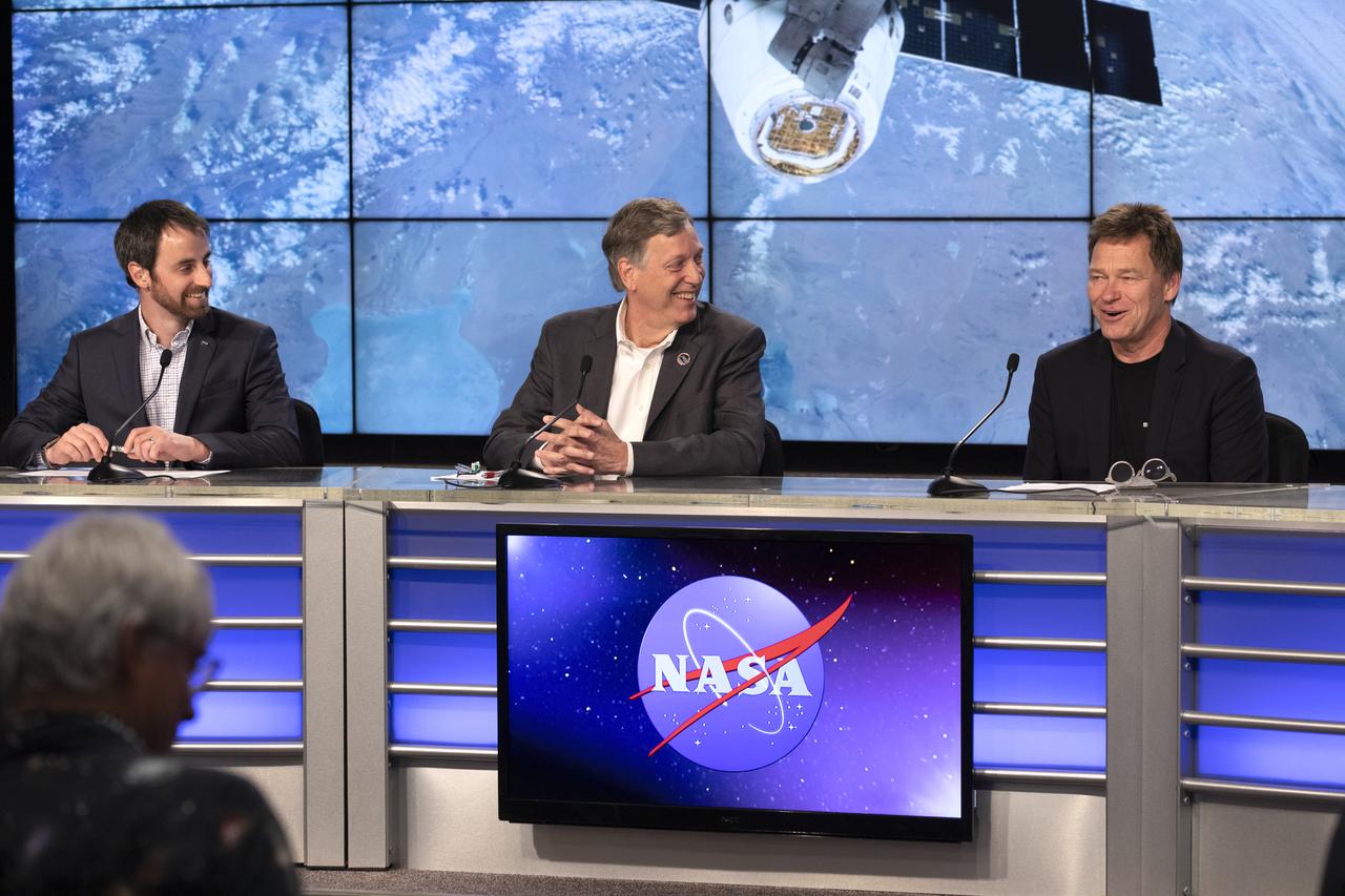 From left, Josh Santora, moderator with NASA Communications; Kenny Todd, manager, International Space Station Operations and Integration at NASA’s Johnson Space Center in Houston; and Hans Koenigsmann, vice president, Build and Flight Reliability with SpaceX, speak to members of the news media during a postlaunch news conference at NASA’s Kennedy Space Center in Florida on May 4, 2019, for SpaceX’s 17th Commercial Resupply Services (CRS-17) mission to the International Space Station for the agency. The company’s Falcon 9 rocket with the Dragon cargo module lifted off from Space Launch Complex 40 at Cape Canaveral Air Force Station in Florida at 2:48 a.m. EDT. The Dragon cargo module will deliver about 5,500 pounds of science and research, crew supplies and vehicle hardware to the orbital laboratory and its crew. 