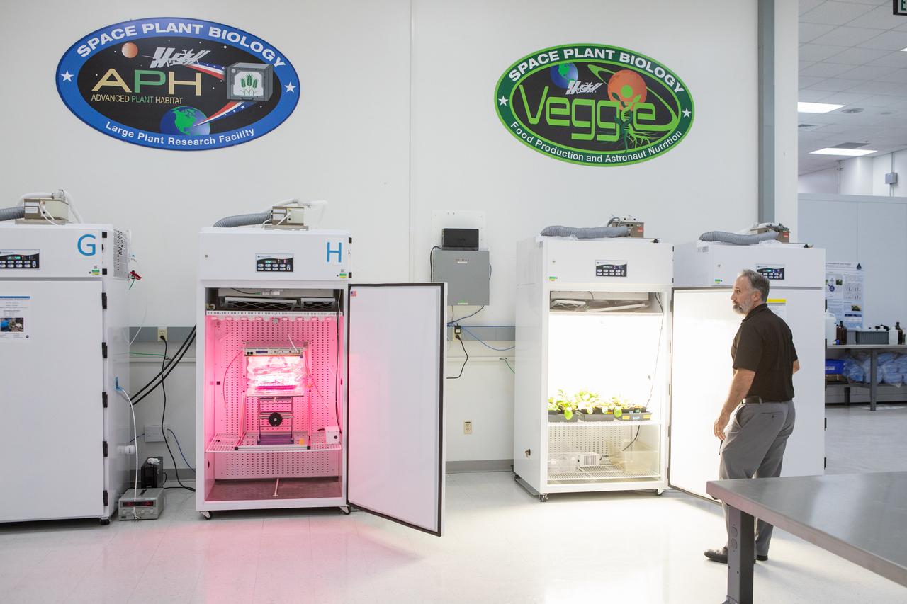 Ground unit experiment chambers for the Veggie plant growth system, at right, and the Advanced Plant Habitat, at left, are in view in a laboratory inside the Space Station Processing Facility (SSPF) at NASA’s Kennedy Space Center in Florida, on May 16, 2019. Trent Smith, Veggie project manager, Exploration Research and Technology Programs, checks the experiments. The center is celebrating the SSPF’s 25th anniversary. The facility was built to process elements for the International Space Station. Now it is providing support for current and future NASA and commercial provider programs, including Commercial Resupply Services, Artemis 1, sending the first woman and next man to the Moon, and deep space destinations including Mars.