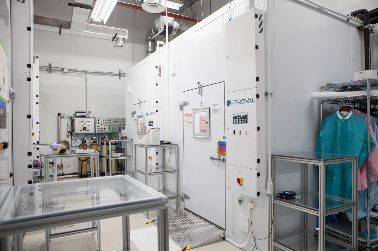 A walk-in experiment chamber for the Center for the Advancement of Science in Space (CASIS) is in view inside a laboratory in the Space Station Processing Facility (SSPF) at NASA's Kennedy Space Center in Florida, on May 16, 2019. The center is celebrating the SSPF’s 25th anniversary. The facility was built to process elements for the International Space Station. Now it is providing support for current and future NASA and commercial provider programs, including Commercial Resupply Services, Artemis 1, sending the first woman and next man to the Moon, and deep space destinations including Mars.