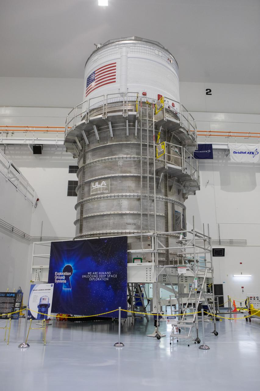 The Interim Cryogenic Propulsion Stage for Orion’s Artemis 1 mission is in view inside the high bay in the Space Station Processing Facility (SSPF) at NASA's Kennedy Space Center in Florida, on May 16, 2019.  The center is celebrating the SSPF’s 25th anniversary. The facility was built to process elements for the International Space Station. Now it is providing support for current and future NASA and commercial provider programs, including Commercial Resupply Services, Artemis 1, sending the first woman and next man to the Moon, and deep space destinations including Mars.