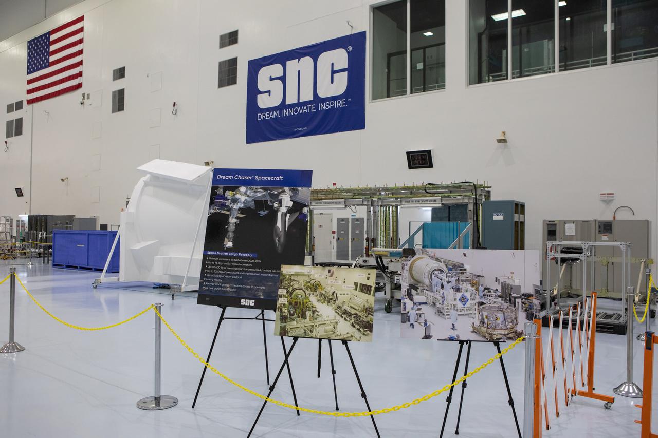 In view in this photograph, taken on May 16, 2019, is the area where the Sierra Nevada Corporation will process its Dream Chaser spacecraft in the high bay of the Space Station Processing Facility (SSPF) at NASA's Kennedy Space Center in Florida. The center is celebrating the SSPF’s 25th anniversary. The facility was built to process elements for the International Space Station. Now it is providing support for current and future NASA and commercial provider programs, including Commercial Resupply Services, Artemis 1, sending the first woman and next man to the Moon, and deep space destinations including Mars.
