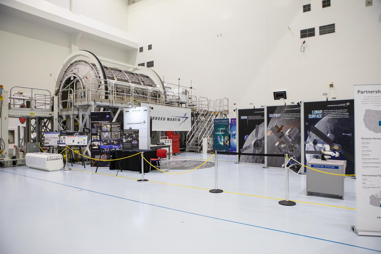 The Lockheed Martin prototype habitat for NASA’s lunar orbital platform, called the Gateway, is in view at left in the high bay of the Space Station Processing Facility (SSPF) at NASA's Kennedy Space Center in Florida, on May 16, 2019. The center is celebrating the SSPF’s 25th anniversary. The facility was built to process elements for the International Space Station. Now it is providing support for current and future NASA and commercial provider programs, including Commercial Resupply Services, Artemis 1, sending the first woman and next man to the Moon, and deep space destinations including Mars.