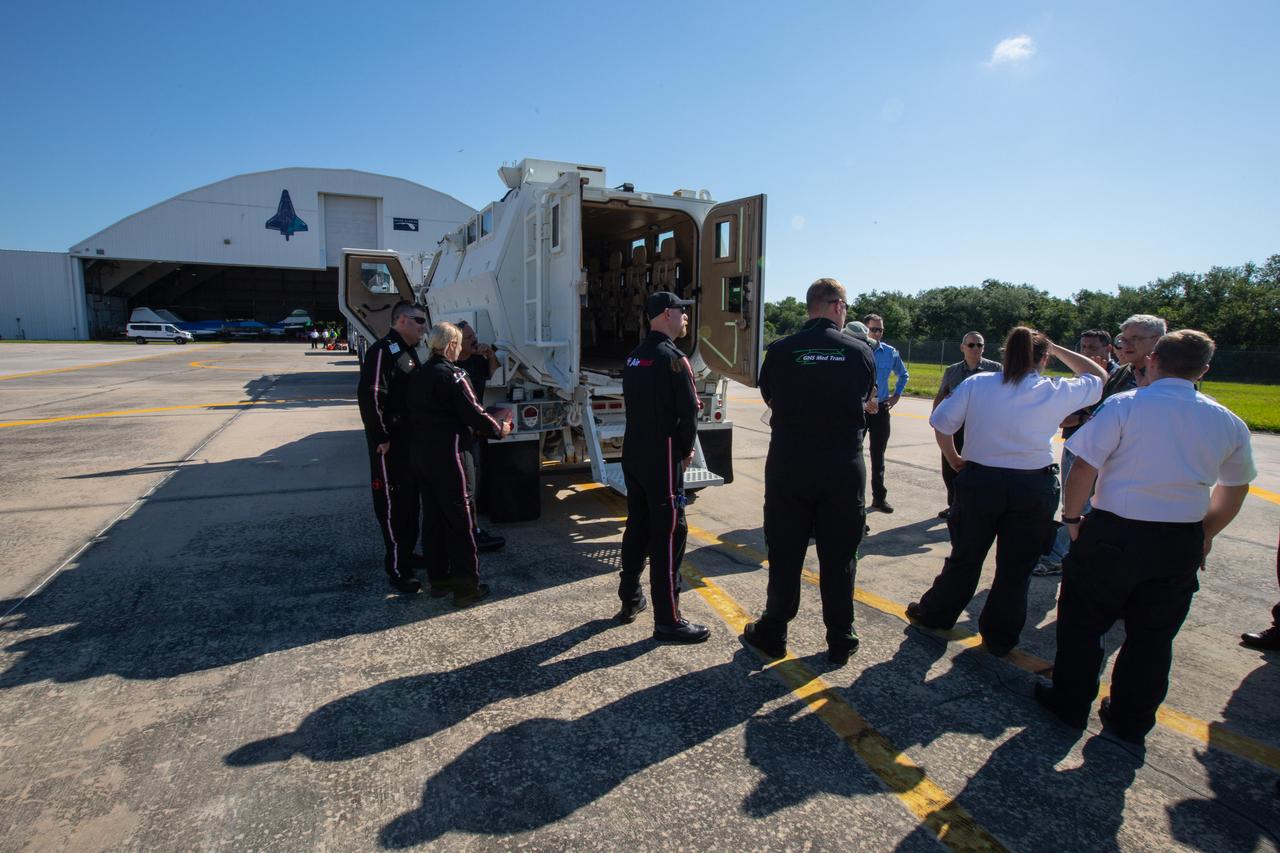A Kennedy Space Center Mine Resistant Ambush Protected (MRAP) tactical vehicle stands at the ready during a medical support training course at the Florida spaceport’s Shuttle Landing Facility on May 17, 2019. Kennedy personnel and American Medical Response (AMR) contractor paramedics participated in the course, which was designed to familiarize the AMR paramedics with the center’s Triage Forces deployment, including medical team members, fire/rescue personnel, environmental health specialists and flight operations crew members, as well as a helicopter, MRAP, fire pumper truck and triage vehicles. The AMR paramedics will assist the agency in contingency planning for the return of human spaceflight from Kennedy.
