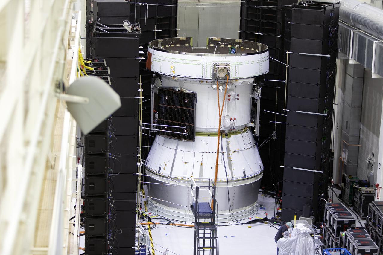 Orion’s service module for NASA’s Artemis 1 mission was moved from a test stand to a test cell inside the Operations and Checkout Building at NASA’s Kennedy Space Center in Florida on May 22, 2019. With microphones, strain gauges and accelerometers attached, the service module will undergo acoustic testing to check for flaws, the latest step in preparing for the agency’s first uncrewed flight test of Orion on the Space Launch System (SLS) rocket. Artemis 1 will be the first mission launching Orion on the SLS rocket from Kennedy’s Launch Pad 39B. The mission will take Orion thousands of miles past the Moon on an approximately three-week test flight. Orion will return to Earth and splashdown in the Pacific Ocean off the coast of California, where it will be retrieved and returned to Kennedy.