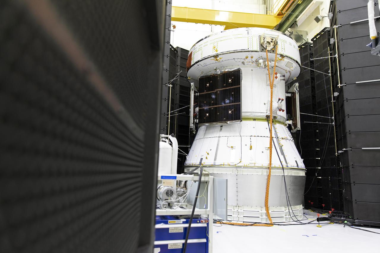 Orion’s service module for NASA’s Artemis 1 mission was moved from a test stand to a test cell inside the Operations and Checkout Building at NASA’s Kennedy Space Center in Florida on May 22, 2019. With microphones, strain gauges and accelerometers attached, the service module will undergo acoustic testing to check for flaws, the latest step in preparing for the agency’s first uncrewed flight test of Orion on the Space Launch System (SLS) rocket. Artemis 1 will be the first mission launching Orion on the SLS rocket from Kennedy’s Launch Pad 39B. The mission will take Orion thousands of miles past the Moon on an approximately three-week test flight. Orion will return to Earth and splashdown in the Pacific Ocean off the coast of California, where it will be retrieved and returned to Kennedy.