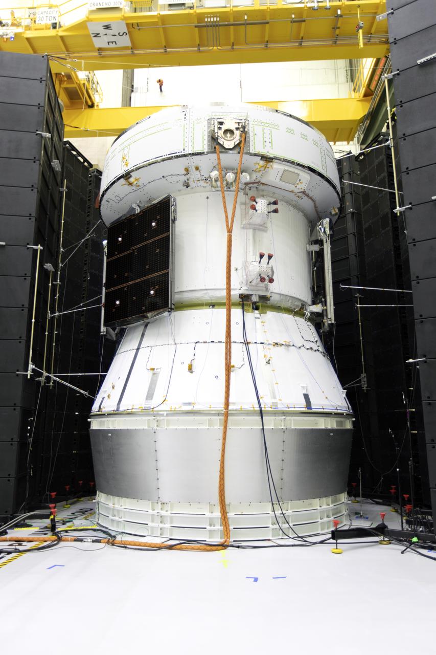 Orion’s service module for NASA’s Artemis 1 mission was moved from a test stand to a test cell inside the Operations and Checkout Building at NASA’s Kennedy Space Center in Florida on May 22, 2019. With microphones, strain gauges and accelerometers attached, the service module will undergo acoustic testing to check for flaws, the latest step in preparing for the agency’s first uncrewed flight test of Orion on the Space Launch System (SLS) rocket. Artemis 1 will be the first mission launching Orion on the SLS rocket from Kennedy’s Launch Pad 39B. The mission will take Orion thousands of miles past the Moon on an approximately three-week test flight. Orion will return to Earth and splashdown in the Pacific Ocean off the coast of California, where it will be retrieved and returned to Kennedy.
