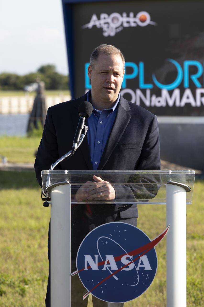 NASA Administrator Jim Bridenstine speaks to members of the news media at the NASA News Center on May 23, 2019. News media were at the center for an Apollo 11 Media Day. They toured several facilities, including the Vehicle Assembly and Launch Complex 39B for a look back at the Apollo missions and a look ahead to NASA’s new Moon 2024 initiative, the Artemis 1 mission and the Gateway lunar outpost.