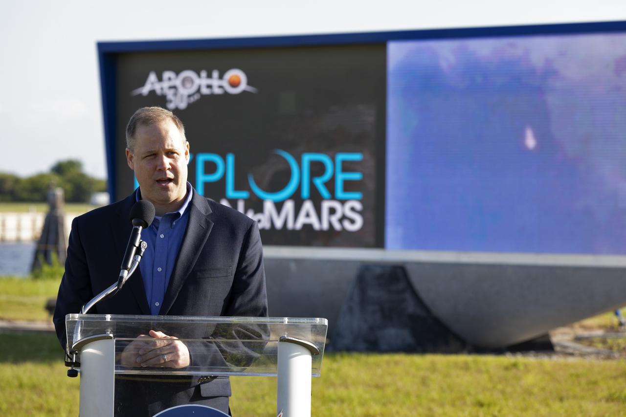 NASA Administrator Jim Bridenstine speaks to members of the news media at the NASA News Center on May 23, 2019. News media were at the center for an Apollo 11 Media Day. They toured several facilities, including the Vehicle Assembly and Launch Complex 39B for a look back at the Apollo missions and a look ahead to NASA’s new Moon 2024 initiative, the Artemis 1 mission and the Gateway lunar outpost.