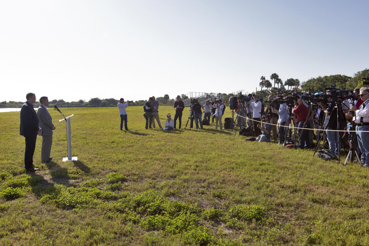 NASA Kennedy Space Center’s Director Bob Cabana, at the podium, speaks to members of the news media at the NASA News Center on May 23, 2019. At left is NASA Administrator Jim Bridenstine. News media were at the center for an Apollo 11 Media Day. They toured several facilities, including the Vehicle Assembly and Launch Complex 39B for a look back at the Apollo missions and a look ahead to NASA’s new Moon 2024 initiative, the Artemis 1 mission and the Gateway lunar outpost.