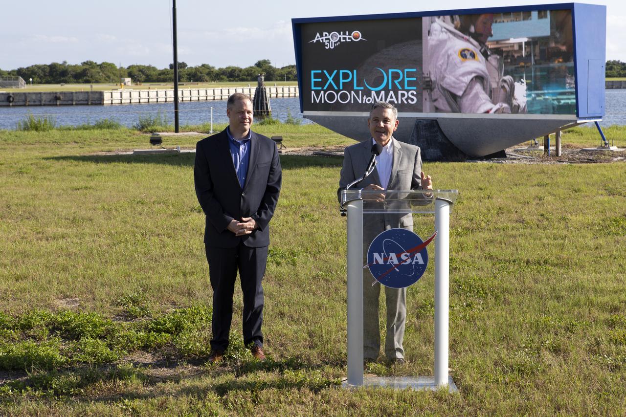 NASA Kennedy Space Center’s Director Bob Cabana, at the podium, speaks to members of the news media at the NASA News Center on May 23, 2019. At left is NASA Administrator Jim Bridenstine. News media were at the center for an Apollo 11 Media Day. They toured several facilities, including the Vehicle Assembly and Launch Complex 39B for a look back at the Apollo missions and a look ahead to NASA’s new Moon 2024 initiative, the Artemis 1 mission and the Gateway lunar outpost.