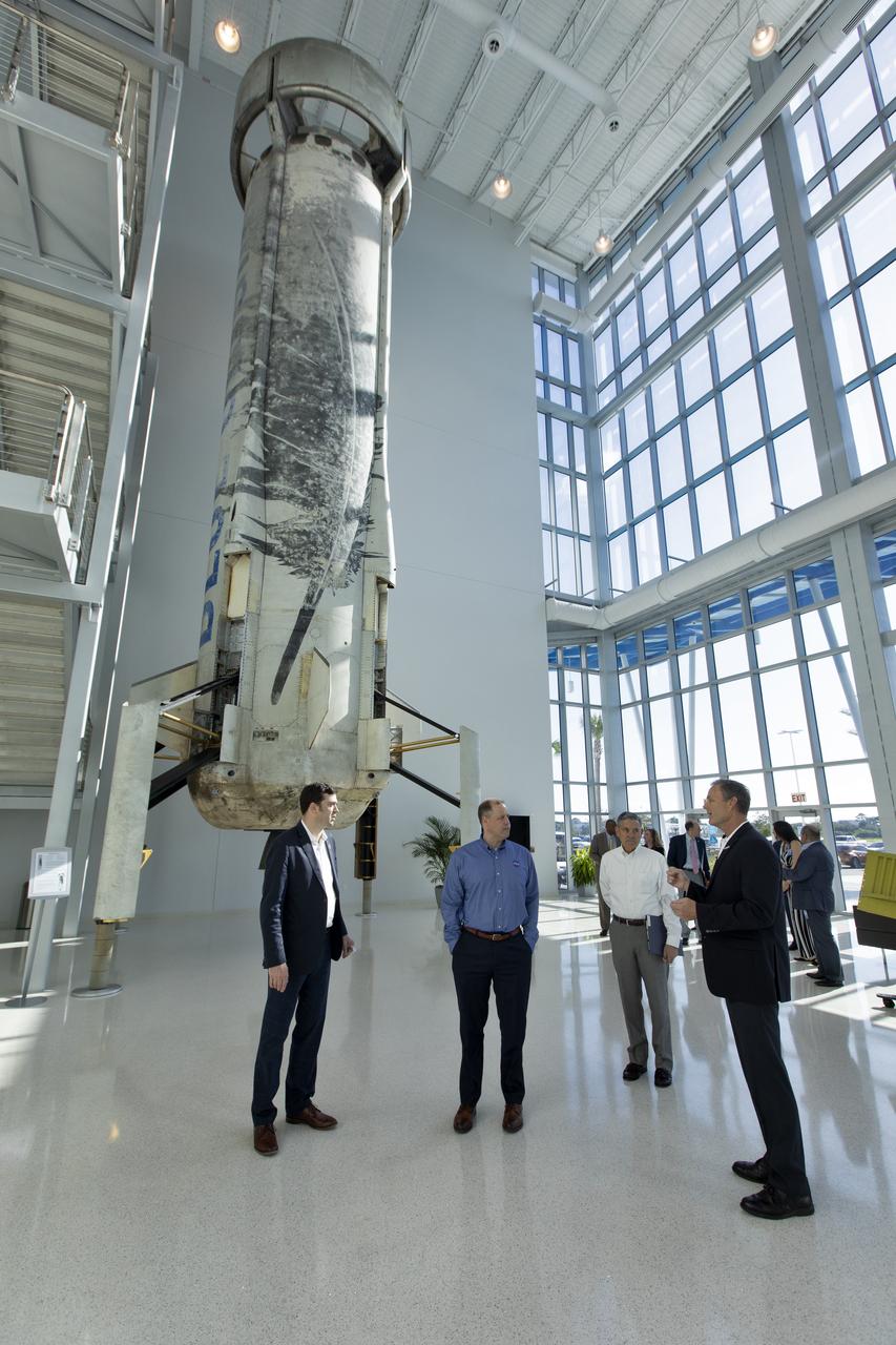 NASA Administrator Jim Bridenstine, second from left, tours the Blue Origin facilities near the agency’s Kennedy Space Center in Florida on May 23, 2019. Third from left is Kennedy Space Center Director Bob Cabana. They viewed the New Shepard booster and crew capsule that few to space and back five times.