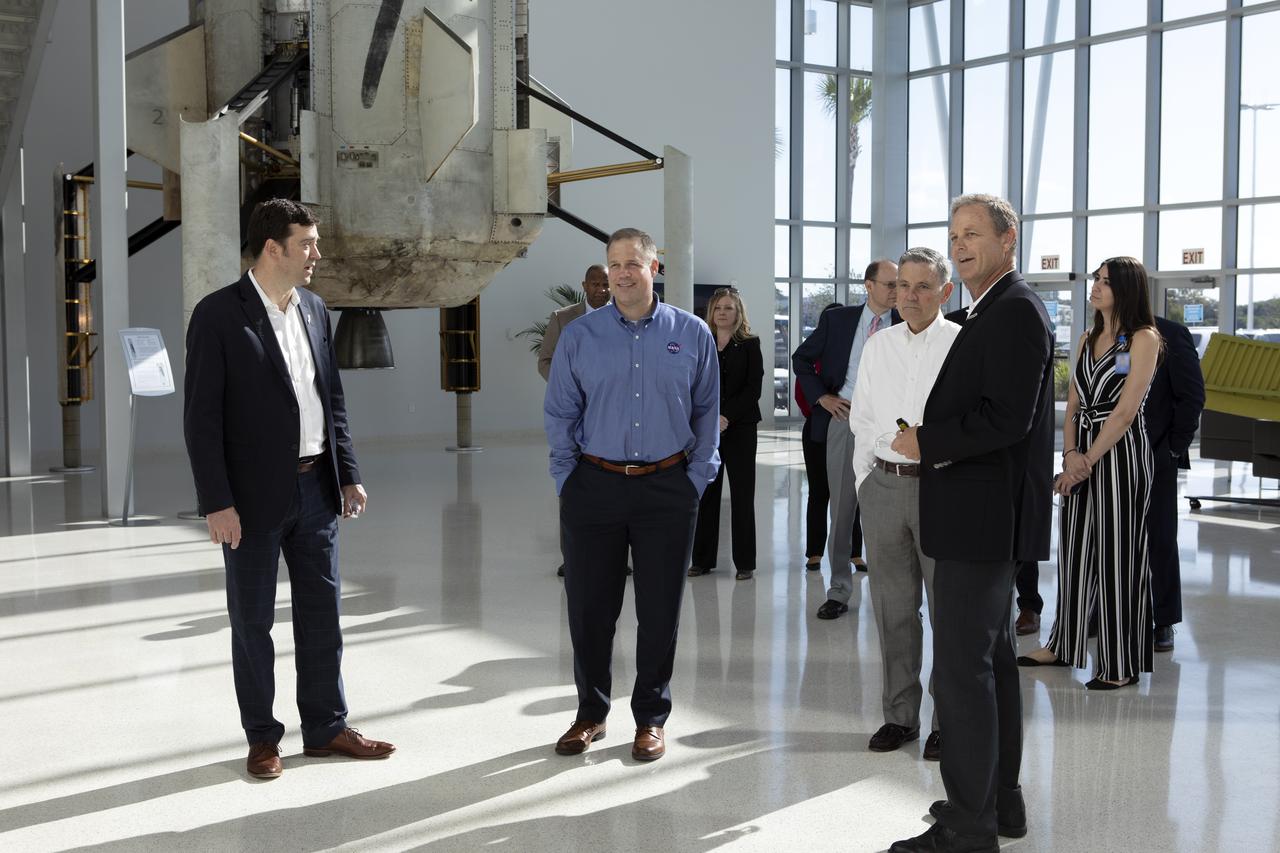 NASA Administrator Jim Bridenstine, second from left, arrives at the Blue Origin facilities near the agency’s Kennedy Space Center in Florida on May 23, 2019. Second from right is Kennedy Space Center Director Bob Cabana. They toured the facilities and viewed the New Shepard booster and crew capsule that flew to space and back five times.