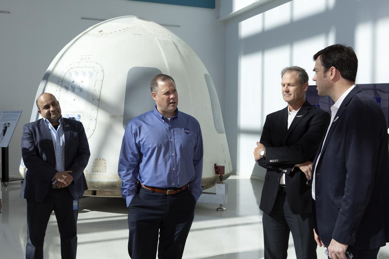 NASA Administrator Jim Bridenstine, second from left, tours the Blue Origin facilities near the agency’s Kennedy Space Center in Florida on May 23, 2019. Bridenstine viewed the New Shepard booster and crew capsule that flew to space and back five times.
