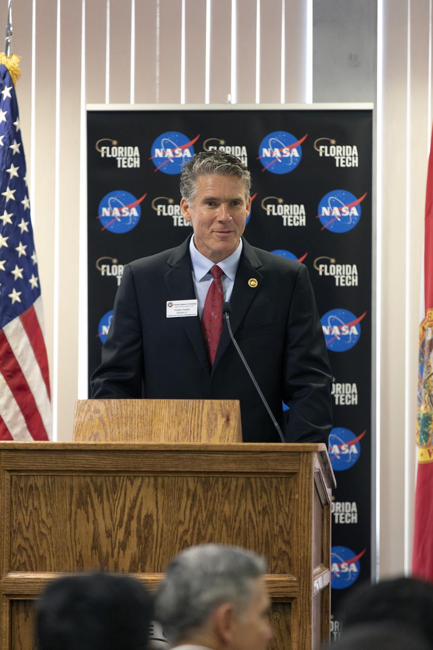 Tristan Fiedler, director of federal and faculty engagements at Florida Institute of Technology, speaks during the university’s Space Technology Day on Thursday, May 23, 2019. NASA Administrator Jim Bridenstine delivered the keynote address at the Melbourne, FL campus, which included students, faculty, engineers and area business leaders in attendance. Among the key topics Bridenstine discussed was NASA’s Artemis missions to the Moon, including the lunar Gateway, which will serve as an orbiting outpost for astronauts.