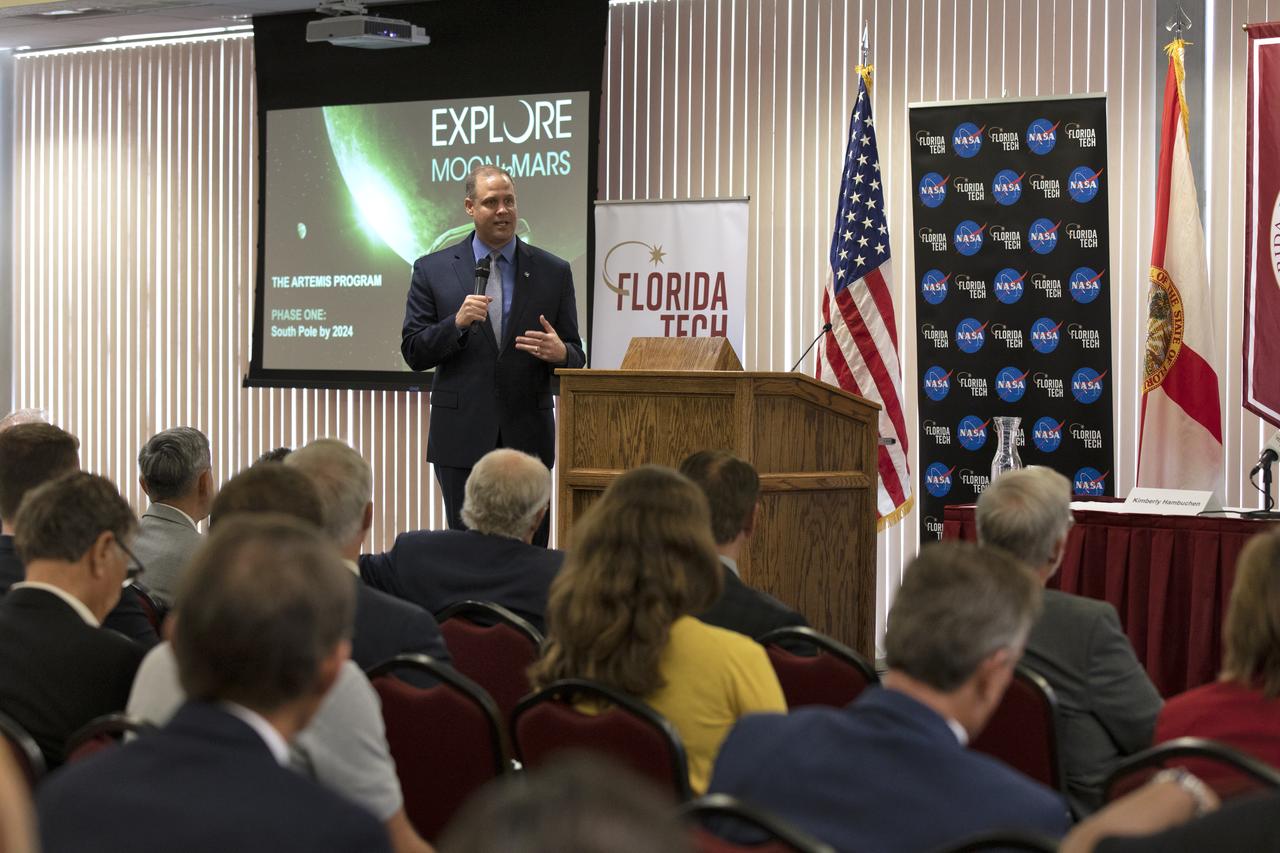 NASA Administrator Jim Bridenstine speaks to students, faculty, engineers and area business leaders at Florida Institute of Technology on Thursday, May 23, 2019. Bridenstine delivered the keynote address at the Melbourne, FL campus during the university’s Space Technology Day. Among the key topics Bridenstine discussed was NASA’s Artemis missions to the Moon, including the lunar Gateway, which will serve as an orbiting outpost for astronauts.