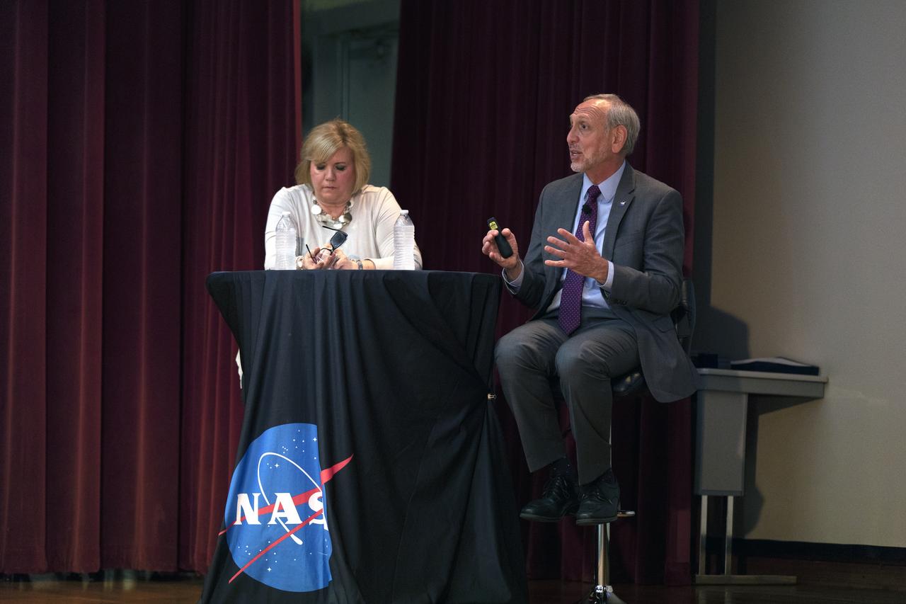 NASA’s Deputy Associate Administrator Melanie Saunders, left, and Associate Administrator Steve Jurczyk participate in a Town Hall session at Kennedy Space Center on May 28, 2019. The agency senior leaders provided an update on the agency’s Exploration campaign, current missions and NASA’s operating model initiatives. As part of its Artemis program, NASA is charged with landing the first American woman and next American man at the South Pole of the Moon by 2024.