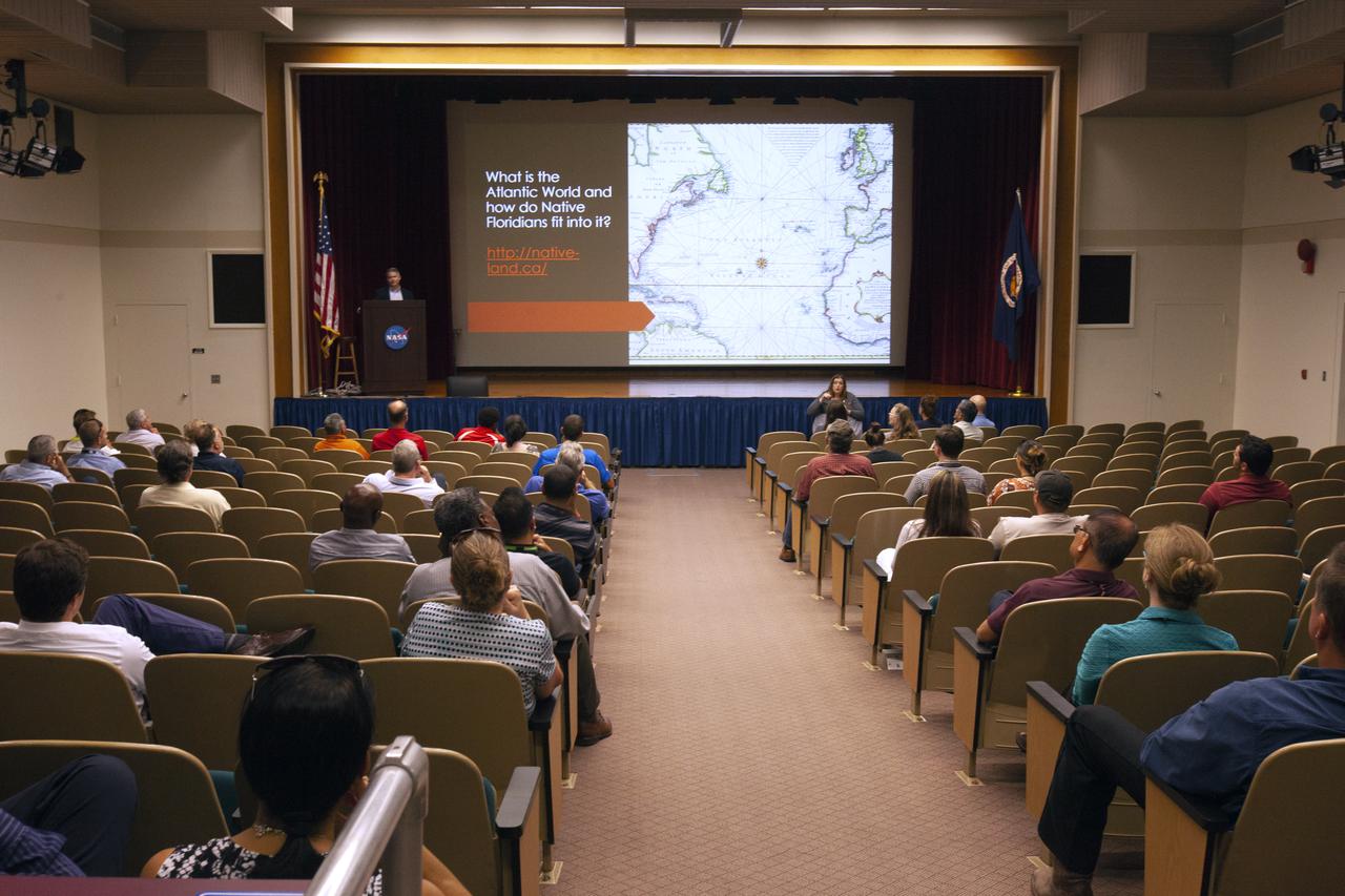 NASA Kennedy Space Center employees attend a presentation on June 11, 2019, on Native American presence in Florida in Kennedy’s Training Auditorium. Daniel Murphree, Ph.d., associate professor of history at the University of Central Florida, spoke on the impact Florida natives have had on, and how they were affected by, Atlantic World events from 1492 to the present. The presentation was brought to Kennedy by the Native American Heritage Initiative (NAHI) Employee Resource Group. One of eight resource groups at Kennedy, NAHI aims to bring employees together, provide networking opportunities and inform the Kennedy workforce about Native American heritage.