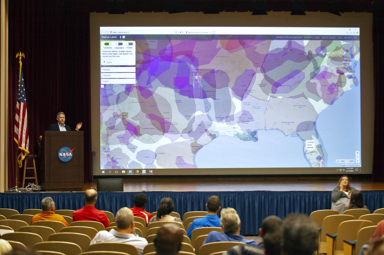 Daniel Murphree, Ph.D., associate professor of history at the University of Central Florida, presents information to NASA Kennedy Space Center employees on the impact Florida natives have had on, and how they were affected by, Atlantic World events from 1492 to the present. The presentation took place June 11, 2019, in Kennedy’s Training Auditorium and was brought to Kennedy by the Native American Heritage Initiative (NAHI) Employee Resource Group. One of eight resource groups at the Florida spaceport, NAHI aims to bring employees together, provide networking opportunities and inform the Kennedy workforce about Native American heritage.