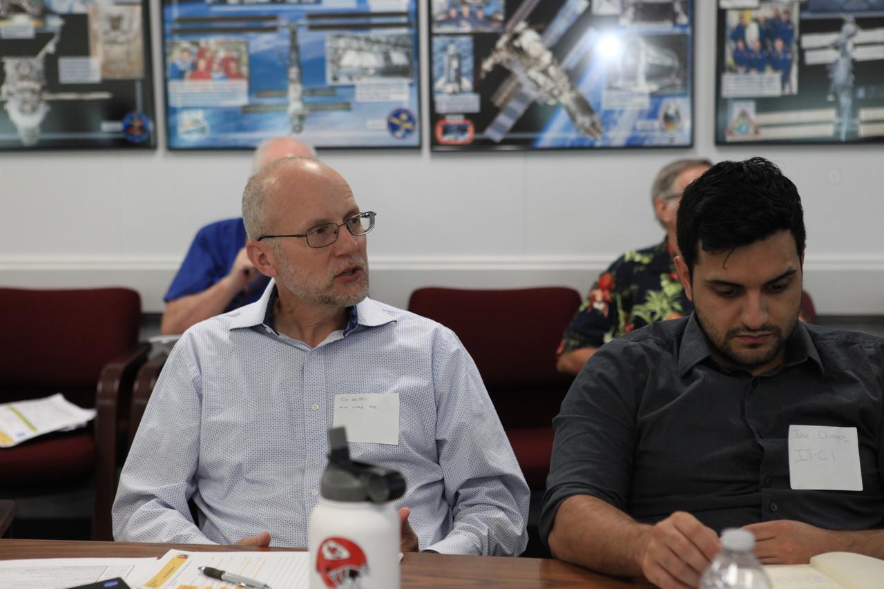 Tim Griffin, NASA’s Kennedy Space Center’s Space Technology Mission Directorate representative for this year’s “Innovation Without Boundaries” event held in Kennedy’s Space Station Processing Facility on June 14, 2019, asks a participant a question. A number of employees, including civil servants and contractors that opted to take part, presented their proposals to a panel of judges as part of the Chief Technologist Innovation Call. The three categories of awards were innovative ideas that had little cost, ideas with great returns on investment up to $20,000 and big ideas where participants could socialize ideas for projects that would take more than $20,000 to implement. 