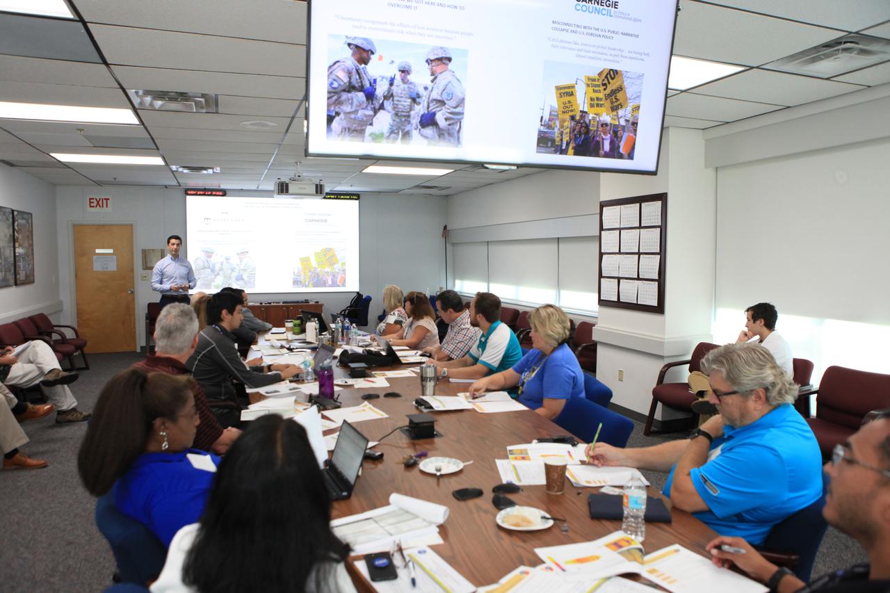 Pathways intern Douglas Jackson presents his proposal to a panel of judges during the “Innovation Without Boundaries” event held inside the Space Station Processing Facility at Kennedy Space Center in Florida on June 14, 2019. A number of Kennedy employees presented their proposals as part of the Chief Technologist Innovation Call. Participants had five minutes to present their innovative idea for the chance to receive an award of up to $500 for ideas with little-to-no cost that would make a significant impact.