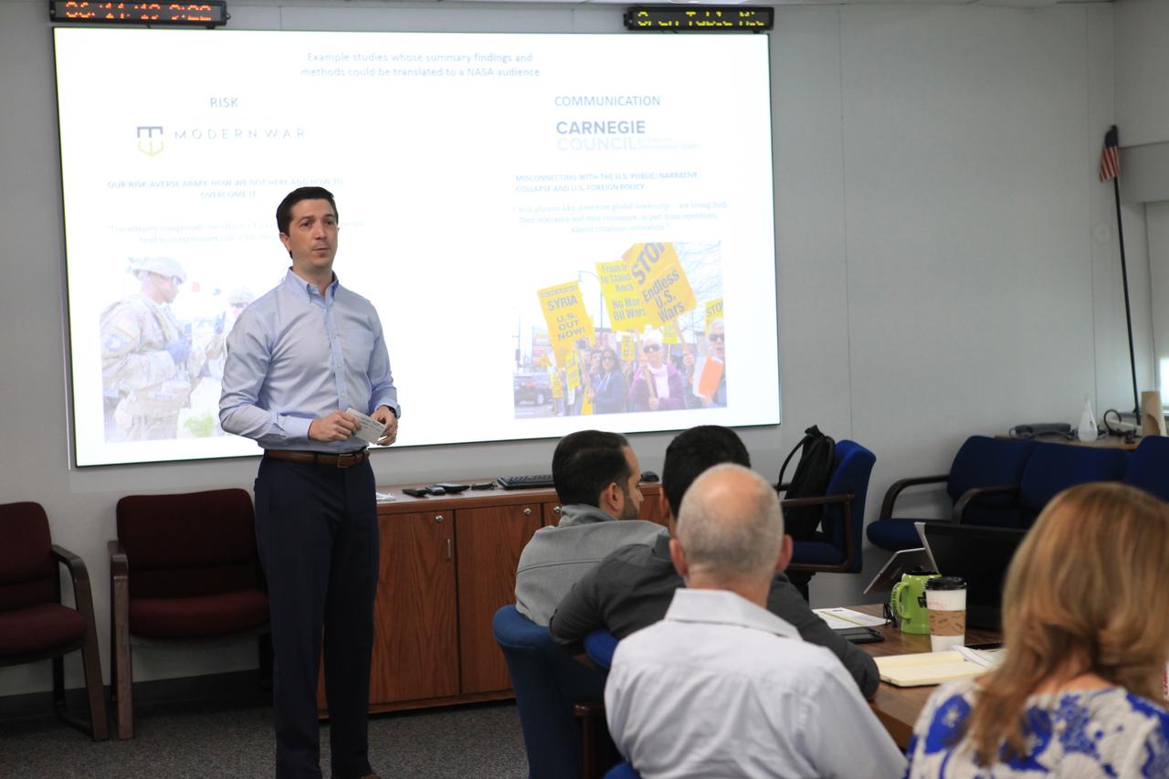 Pathways intern Douglas Jackson presents his proposal to a panel of judges during the “Innovation Without Boundaries” event held inside the Space Station Processing Facility at Kennedy Space Center in Florida on June 14, 2019. A number of Kennedy employees presented their proposals as part of the Chief Technologist Innovation Call. Representatives from across Kennedy evaluated ideas based on relevance, benefit, innovativeness, likelihood of success and sustainability.