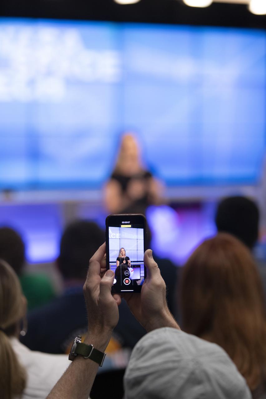 Jill Seubert, deputy principal investigator, from NASAâ€™s Jet Propulsion Laboratory in Pasadena, California, explains the payload during a NASA prelaunch technology TV broadcast for the Space Test Program-2 (STP-2) mission at the agencyâ€™s Kennedy Space Center in Florida on June 23, 2019. The new space clock could improve how we navigate on the Moon, to Mars and beyond. The space clock is one of four NASA payloads scheduled to launch on a SpaceX Falcon Heavy rocket from Launch Complex 39A beginning at 11:30 p.m. EDT on June 24, 2019. STP-2 is managed by the U.S. Air Force Space and Missile Systems Center.