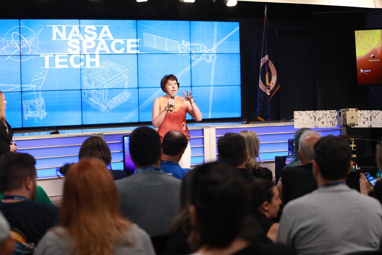 Nicky Fox, director of NASA’s Heliophysics Division, discusses the Space Environment Testbeds payload during a NASA prelaunch technology TV broadcast for the Space Test Program-2 (STP-2) at NASA’s Kennedy Space Center in Florida on June 23, 2019. The payload’s four experiments will reveal the ways local space weather affects spacecraft hardware. It is one of four NASA payloads scheduled to launch on a SpaceX Falcon Heavy rocket from Launch Complex 39A beginning at 11:30 p.m. EDT on June 24, 2019. STP-2 is managed by the U.S. Air Force Space and Missile Systems Center.