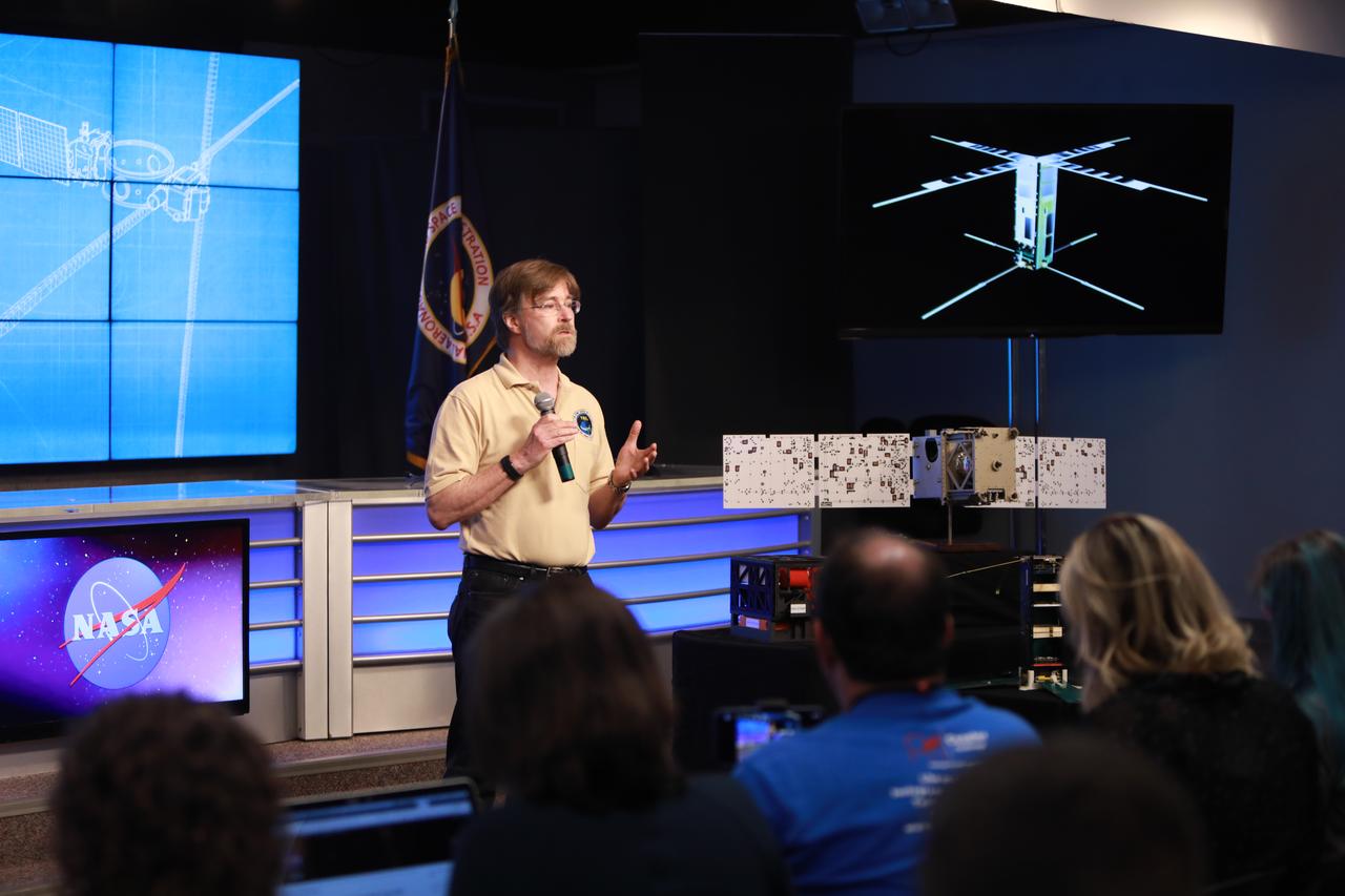 Rick Doe, payload program manager at SRI International, discusses the Enhanced Tandem Beacon Experiment during a NASA prelaunch technology TV show for the Space Test Program-2 (STP-2) mission at NASA’s Kennedy Space Center in Florida on June 23, 2019. The experiment’s two CubeSats will work with six other satellites to study irregularities in Earth’s upper atmosphere that interfere with GPS and communications signals. It is one of NASA payloads scheduled to launch on a SpaceX Falcon Heavy rocket from Launch Complex 39A beginning at 11:30 p.m. EDT on June 24, 2019. STP-2 is managed by the U.S. Air Force Space and Missile Systems Center.
