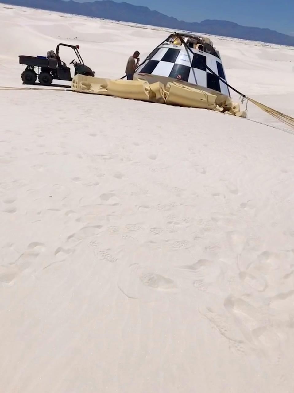 A full-scale Boeing CST-100 Starliner test article, known as a boiler plate, successfully lands at the U.S. Army’s White Sands Missile Range in New Mexico during parachute system testing on June 24, 2019. Boeing conducted the test, which involved intentionally disabling one of the parachute system’s two drogue parachutes and one of the three main parachutes to evaluate how the remaining parachutes handled the additional loads during deployment and descent. This was one of a series of important parachute tests to validate the system is safe to carry astronauts to and from the International Space Station as part of NASA’s Commercial Crew Program. Boeing is targeting an uncrewed Orbital Flight Test to the space station this summer, followed by its Crew Flight Test. Starliner will launch atop a United Launch Alliance Atlas V rocket from Space Launch Complex 41 at Cape Canaveral Air Force Station in Florida.