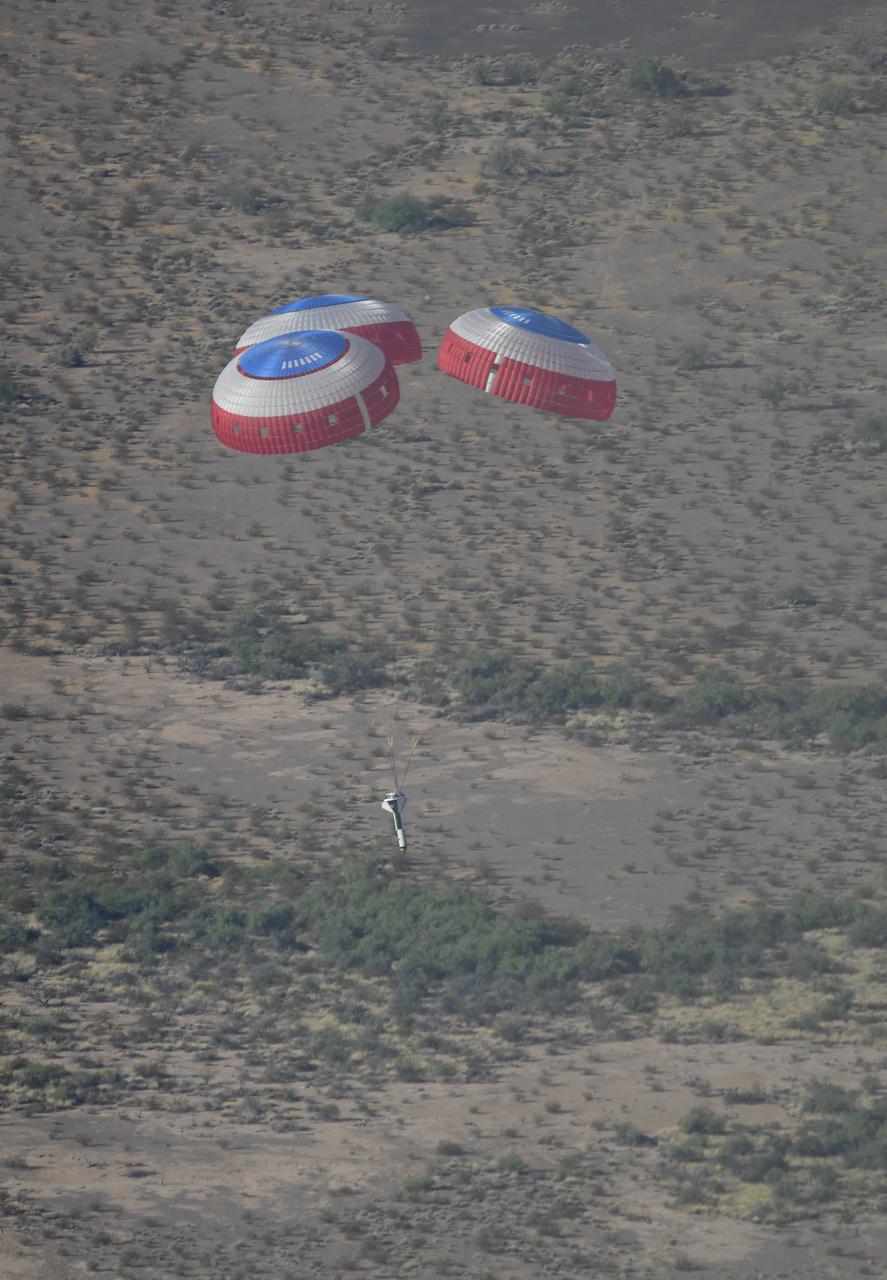 Boeing’s CST-100 Starliner’s parachute system is tested above the U.S. Army’s Yuma Proving Ground in Arizona on June 26, 2019. This “high Q” test involved dropping a dart-shaped device – functioning as a Starliner weight simulant – from a C-17 aircraft and intentionally inflating the parachutes at higher pressures than expected during missions. The data gathered from this parachute test will help validate the system is safe to carry astronauts to and from the International Space Station as part of NASA’s Commercial Crew Program. Boeing is targeting an uncrewed Orbital Flight Test to the space station this summer, followed by its Crew Flight Test. Starliner will launch atop a United Launch Alliance Atlas V rocket from Space Launch Complex 41 at Cape Canaveral Air Force Station in Florida.
