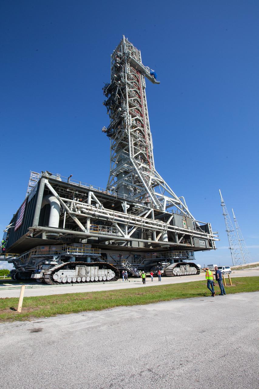 Exploration Ground Systems’ mobile launcher is seen atop crawler-transporter 2 at Kennedy Space Center’s Launch Complex 39B in Florida on June 27, 2019. The mobile launcher departed from the Vehicle Assembly Building at midnight on June 27 for its last solo trek to the pad, where it will remain for the summer, undergoing final testing and checkouts. Its next roll to the pad will be with the agency’s Space Launch System rocket and Orion spacecraft in preparation for the launch of Artemis 1. 