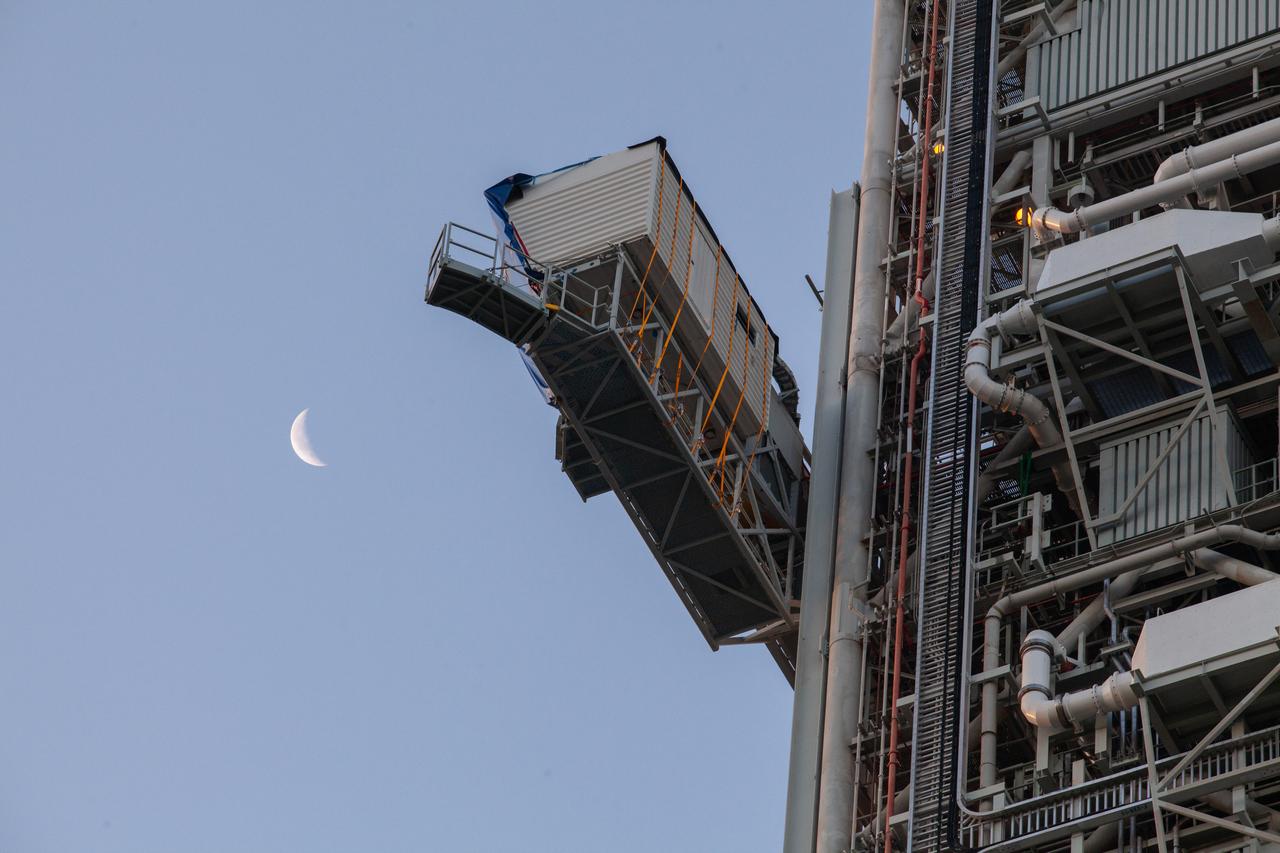 In this view, Exploration Ground Systems’ mobile launcher’s crew access arm (CAA) can be seen. The CAA will interface with the agency’s Space Launch System (SLS) rocket at the Orion crew hatch, providing entry and exit from the Orion crew module. The first crewed flight aboard Orion will be Artemis 2, after the uncrewed Artemis 1 launch verifies SLS and Orion as an integrated system. 